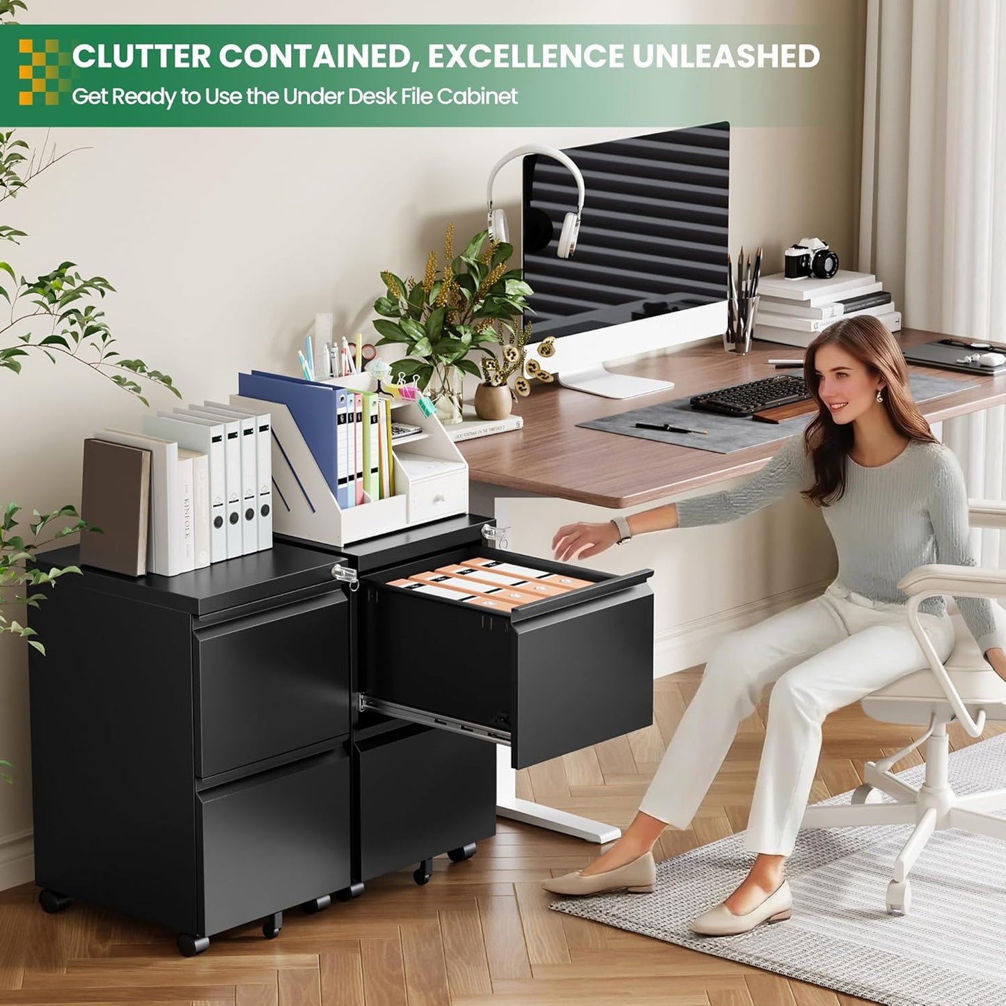 2 Drawer Locking Under Desk Metal Storage Cabinet on Wheels for Legal/Letter/A4 Files (Fully Assembled, Black)