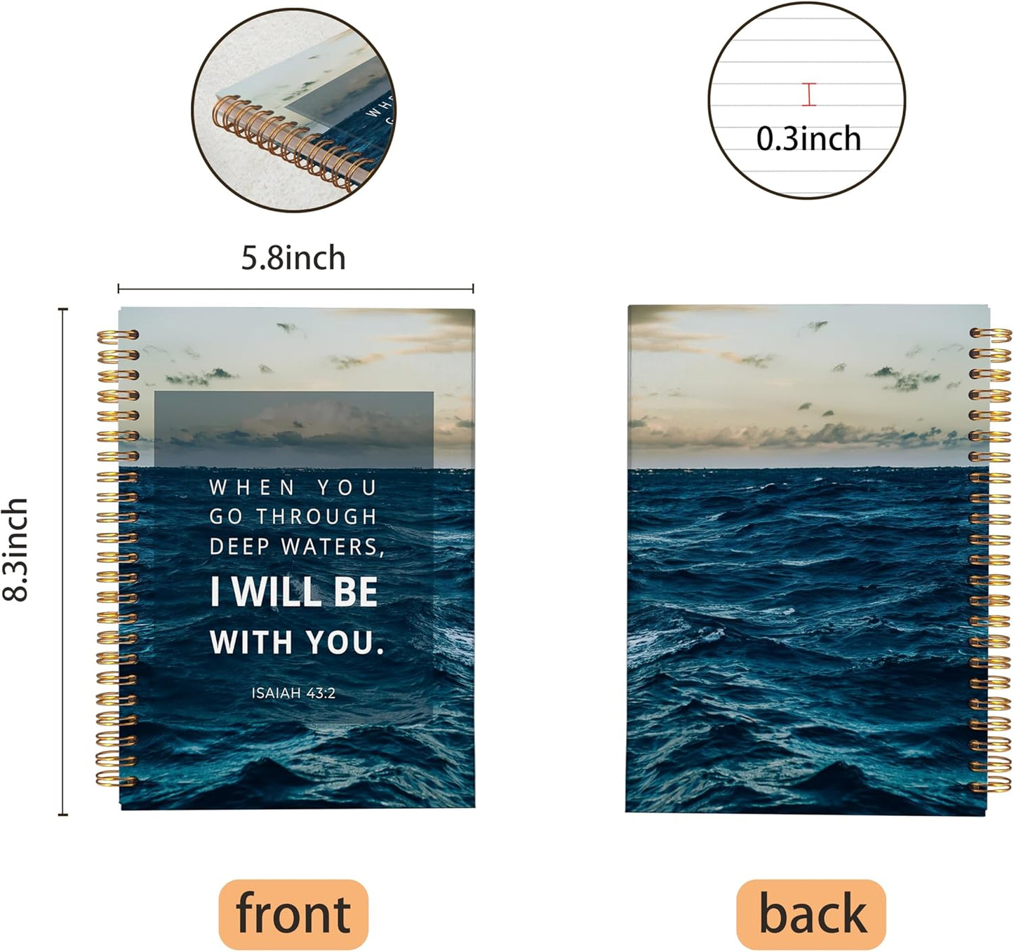 VNWEK Bible Christian Notebook Journal - Christian Journals for Writing Women, Bible Journaling Notebook, Christian Gifts for Women Men Faith, Notebook Spiral Bound with, Isaiah 43 2 Writing Pads