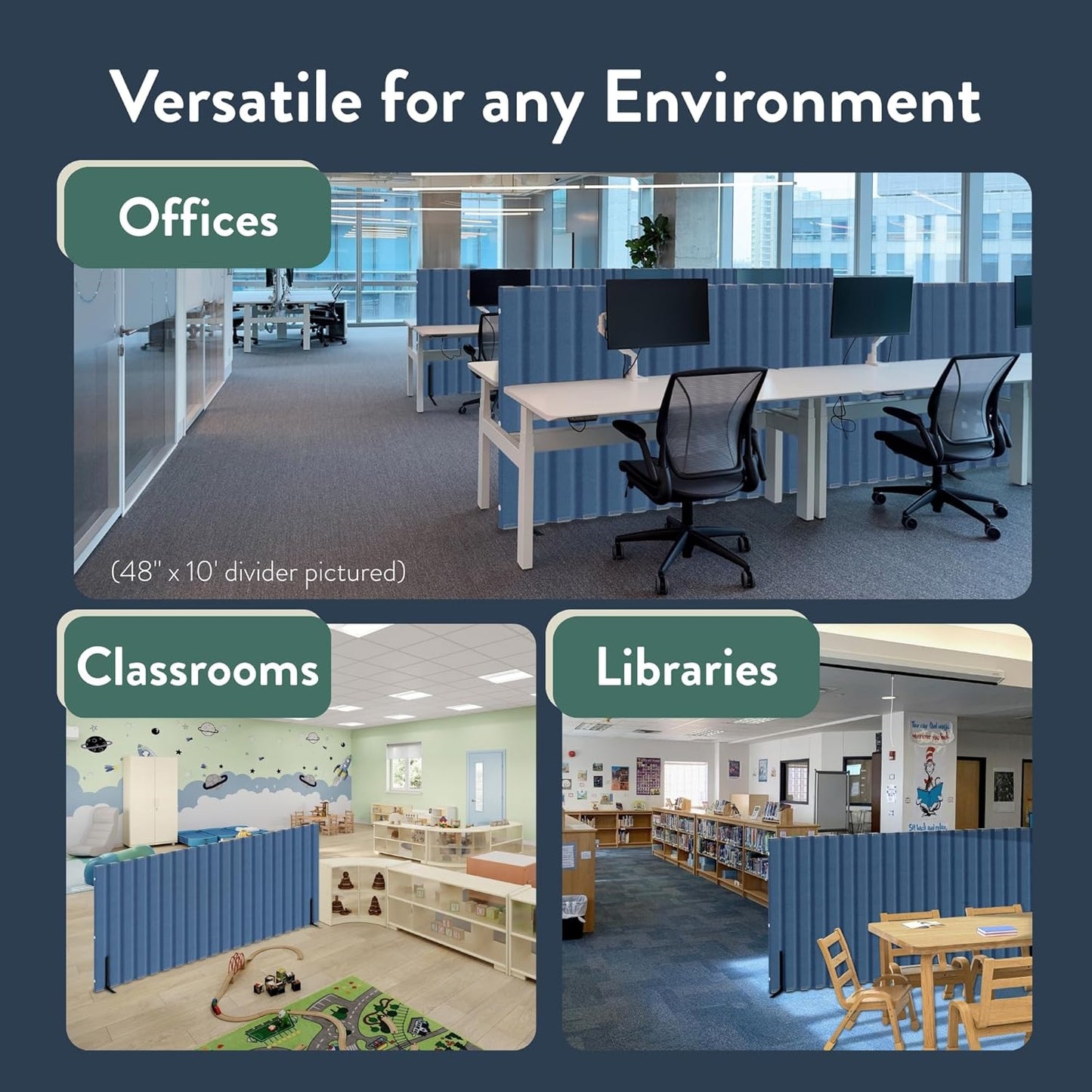 Children’s Factory 30" x 6' Quiet Divider With Sound Dampening Panels, Freestanding Room Divider Wall, Blueberry