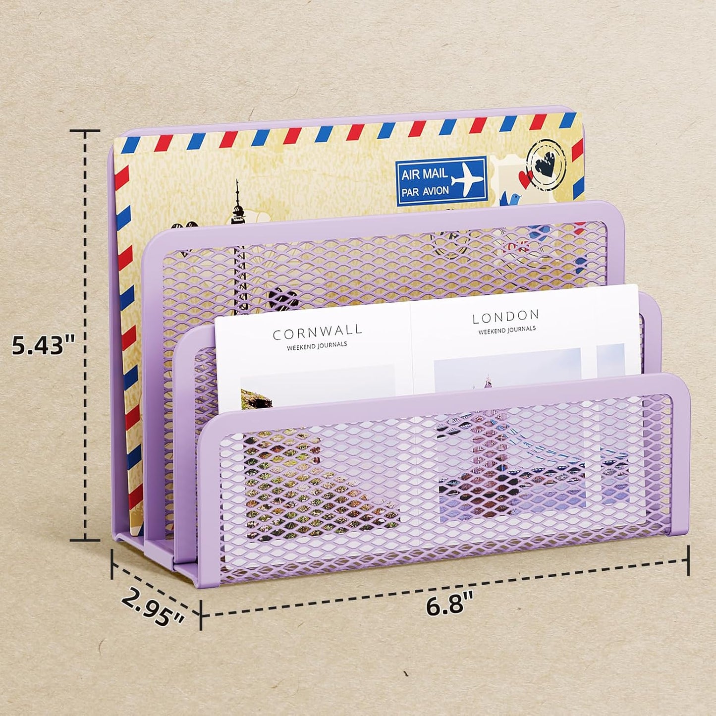 Marbrasse Mail Organizer for Desk, 3-Slot Mesh Metal Mail Holder countertop, Letter Holder, Office Desktop Envelope and Document Storage Rack (Purple)