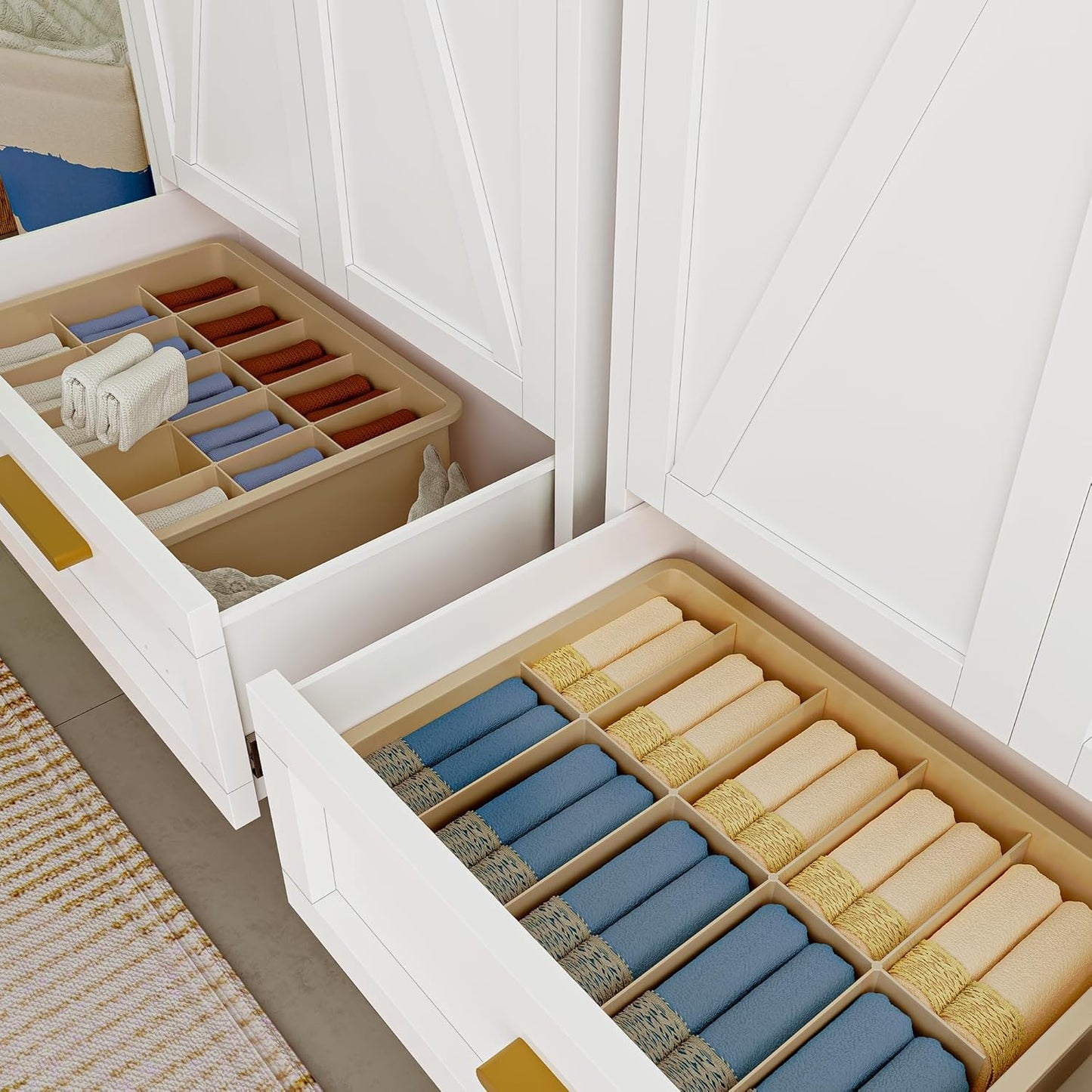 71'' Farmhouse Metal Wardrobe Cabinet with Hanging Rod, 2 Barn Door Wardrobe Closet with Adjustable Shelves,Drawer,for Dining Room,Bedroom,Living Room, Cloak Room,Office (White)