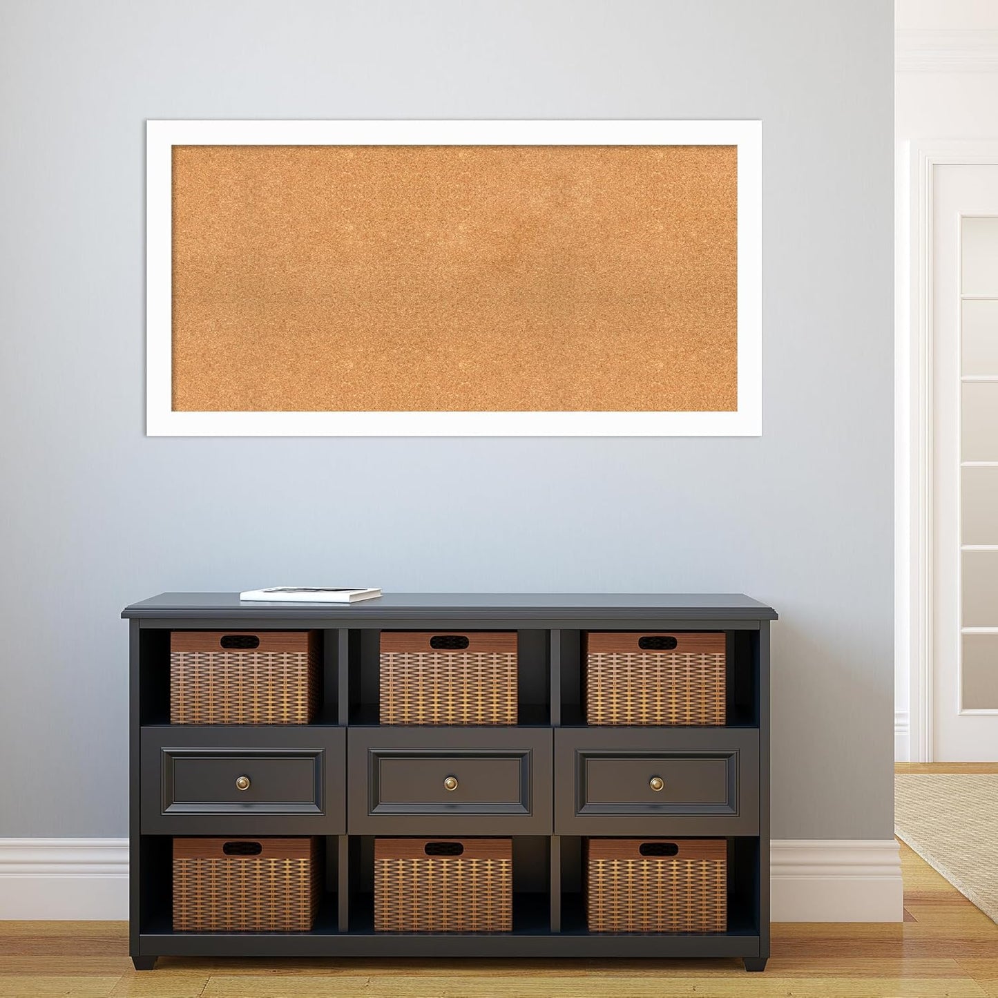 Amanti Art Natural Cork Board for Wall, 25x49 Vision Board with White Frame, Oversize Corkboard Office Decor for Home Organization, Casual Corkboard Pinboard to Display Items for Home Organization in