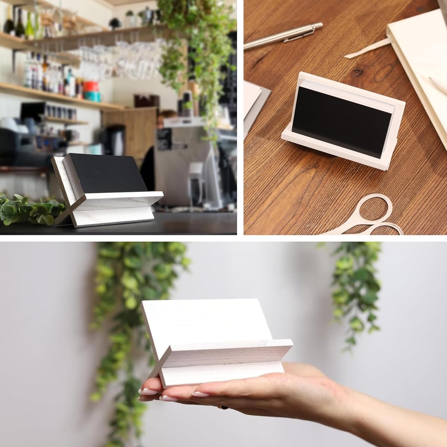 White Wood Business Card Holder Desk - Desktop Card Stand, Holders for Business Cards, Wooden Business Card Holder for Office Desk or Cafe, Bar & Restaurant Counter