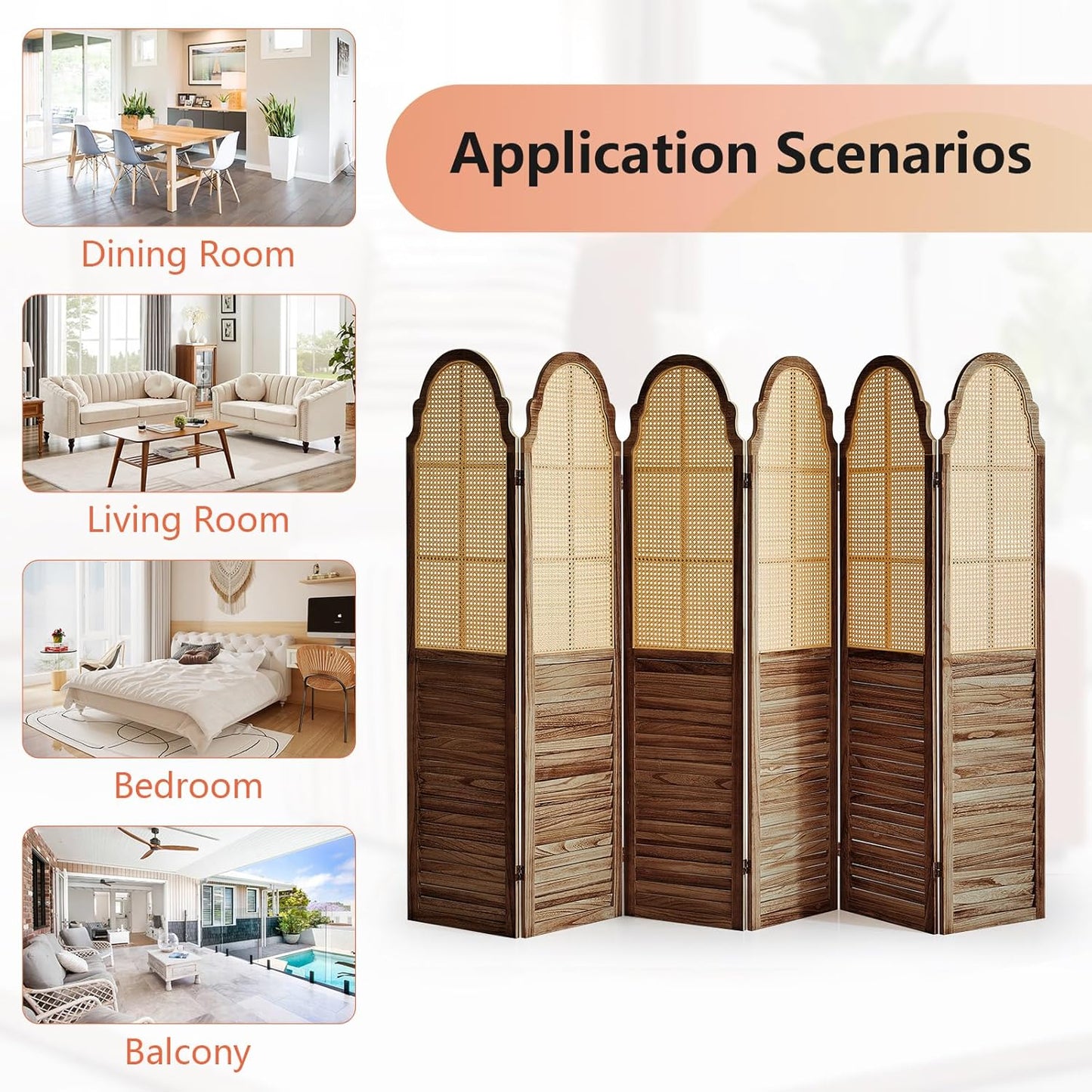 6 Panel Rattan Folding Screen Room Divider, Privacy Dividers for Rooms, Louvered Partition Dividers, Room Divider Panel for Bedroom, Dressing Room, Balcony, Dark Brown