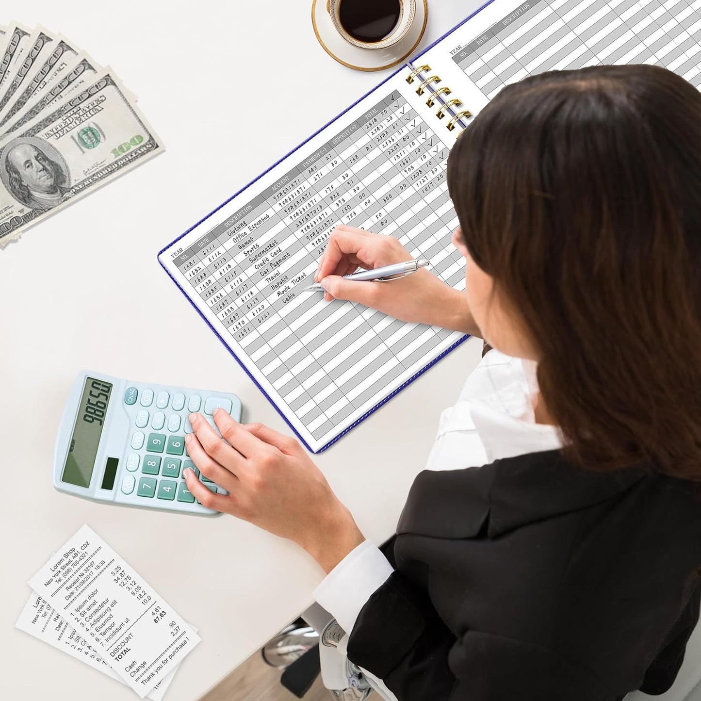 HAUTOCO Hardcover Accounting Ledger Book for Small Business Bookkeeping Horizontal Money Expense Tracker Notebook with 2 Storage Pouch, Personal Columnar Log Journal 10.78 x 8'', Navy Blue