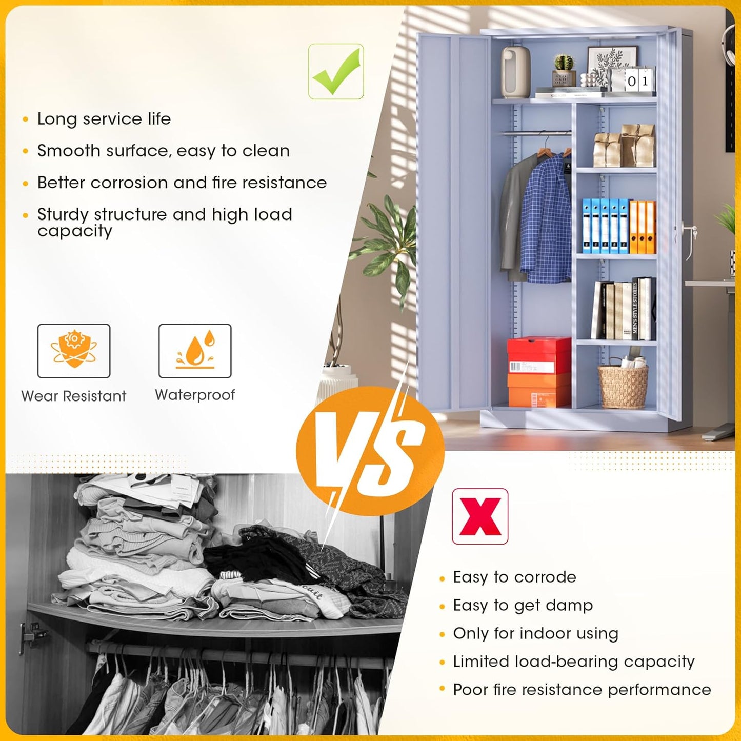 Greenvelly Metal Storage Wardrobe Cabinet with Lock, 72" Dark Grey Metal Wardrobe Closet for Hanging Clothes with Doors and Shelves, Modern Clothes Closet for Home, Office and Bedroom, School,Gym