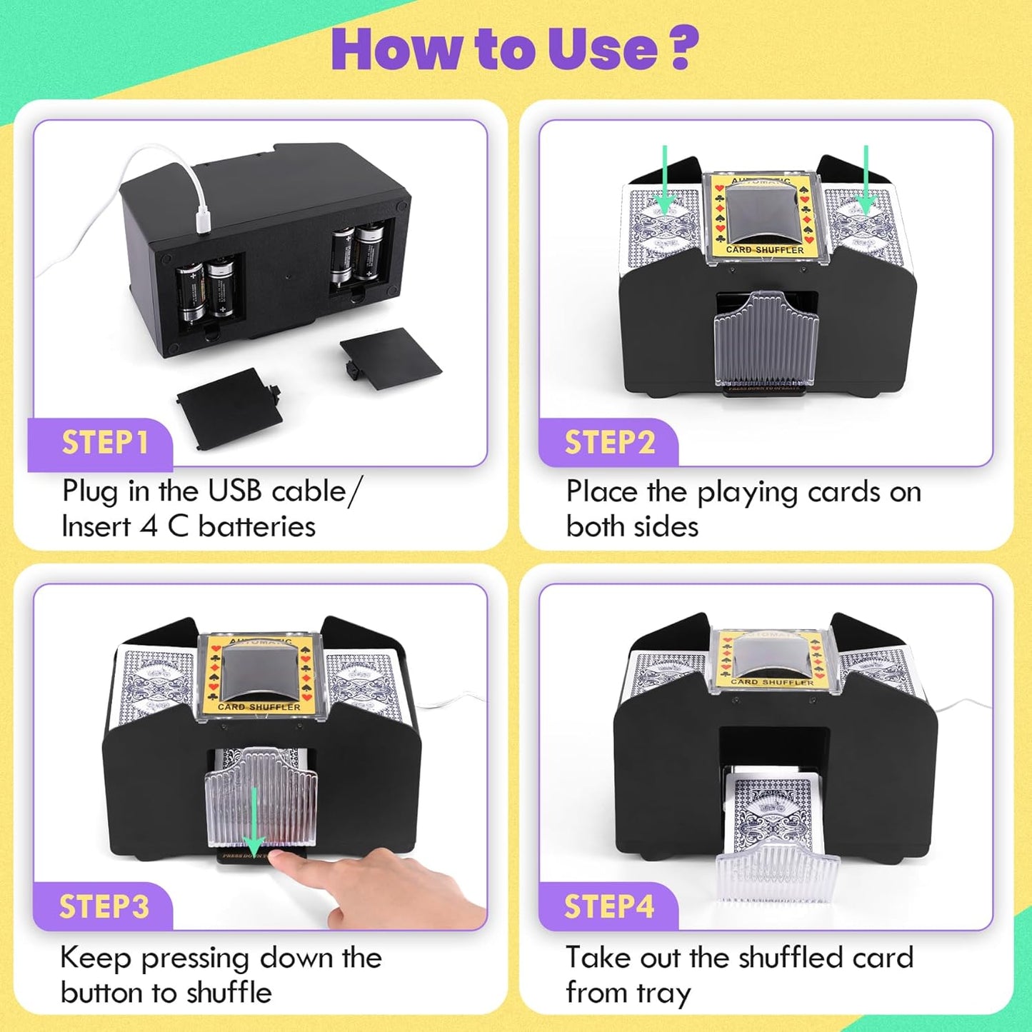 Card Shuffler 4 Deck Automatic, USB-Power & Battery-Operated Electric Shuffler Machine, Playing Card Shuffler for UNO,Poker,Home Card Games