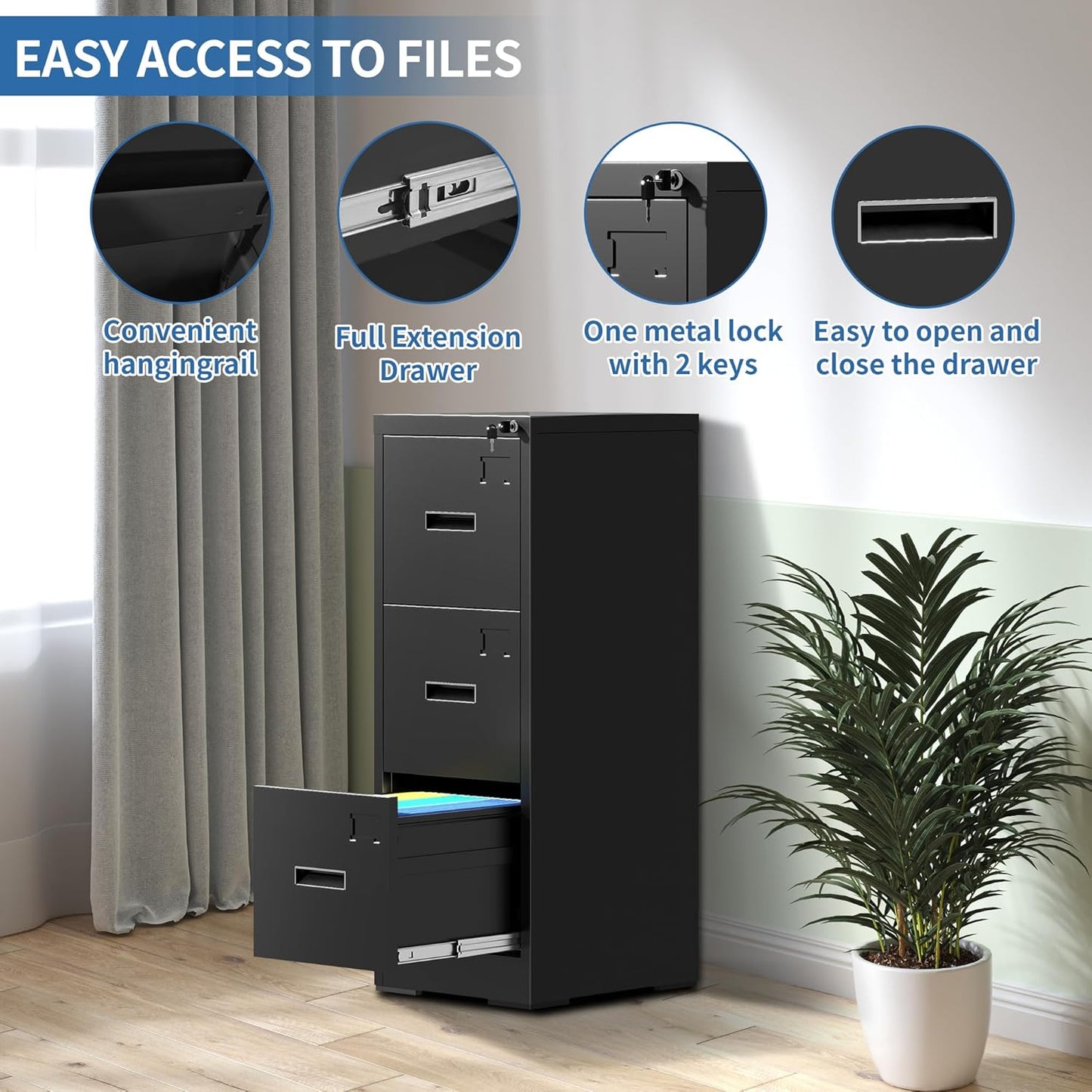 3 Drawer File Cabinet with Lock and Card Slot, Metal Vertical Filing Cabinets for Home Office, Steel Storage Cabinet for Hanging Legal/Letter Size Files, Assembly Required (Black)