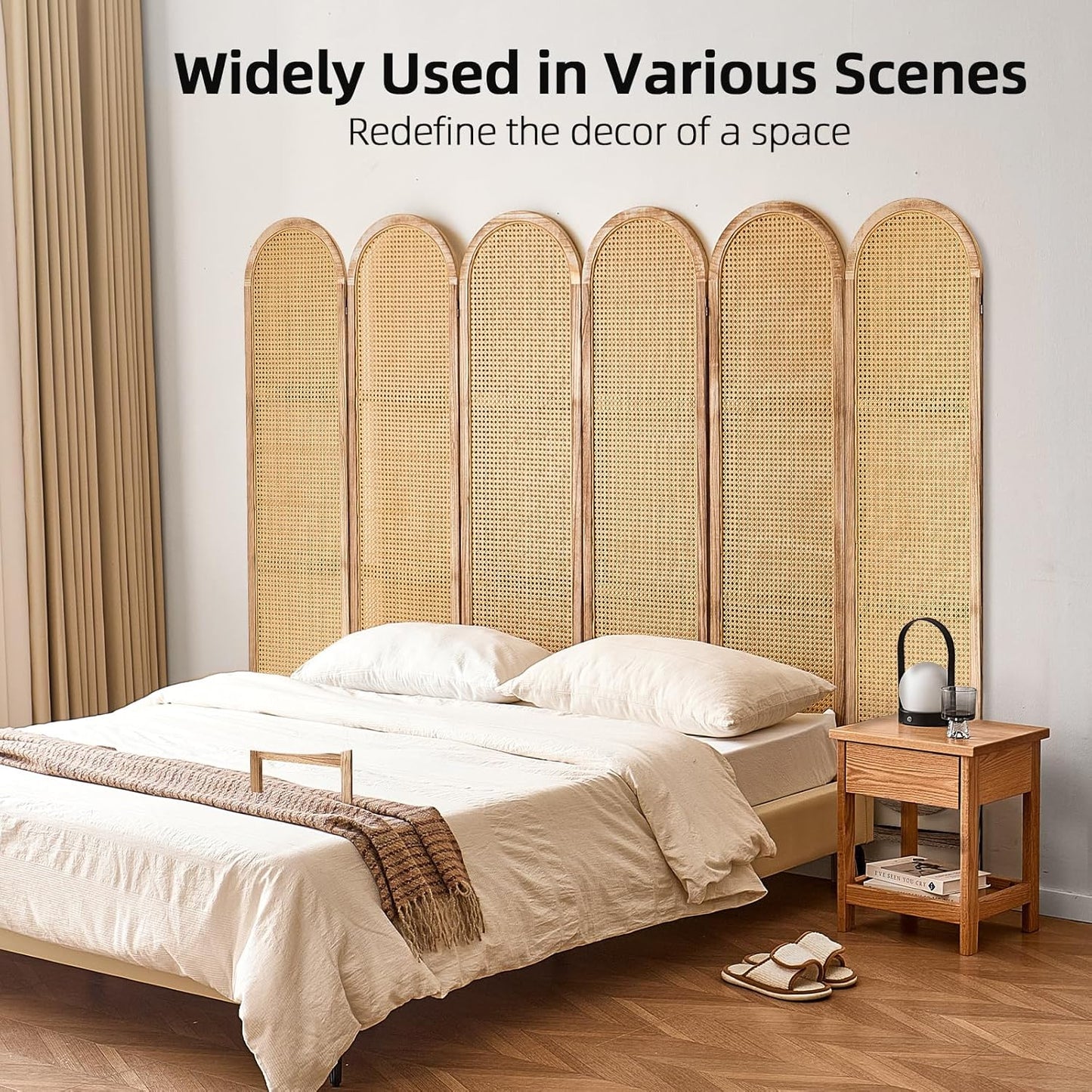 6 Panel Room Divider, 5.6 Ft Foldable Wood Room Divider Screen, Hand-Woven Rattan Folding Privacy Screens with Double Hinges, Wall Divider for Room Separation Bedroom Home Office - Natural