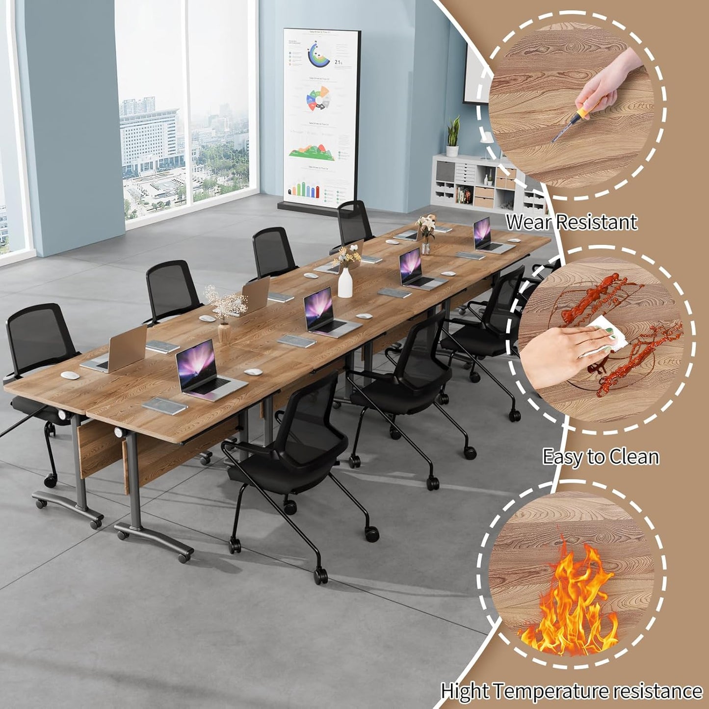 Folding Conference Table, Modern Conference Room Tables with Flip-Top Design, Foldable Conference Table Meeting Table with Wheels, Mobile Seminar Training Tables for Office Classroom (2, Walnut 2)