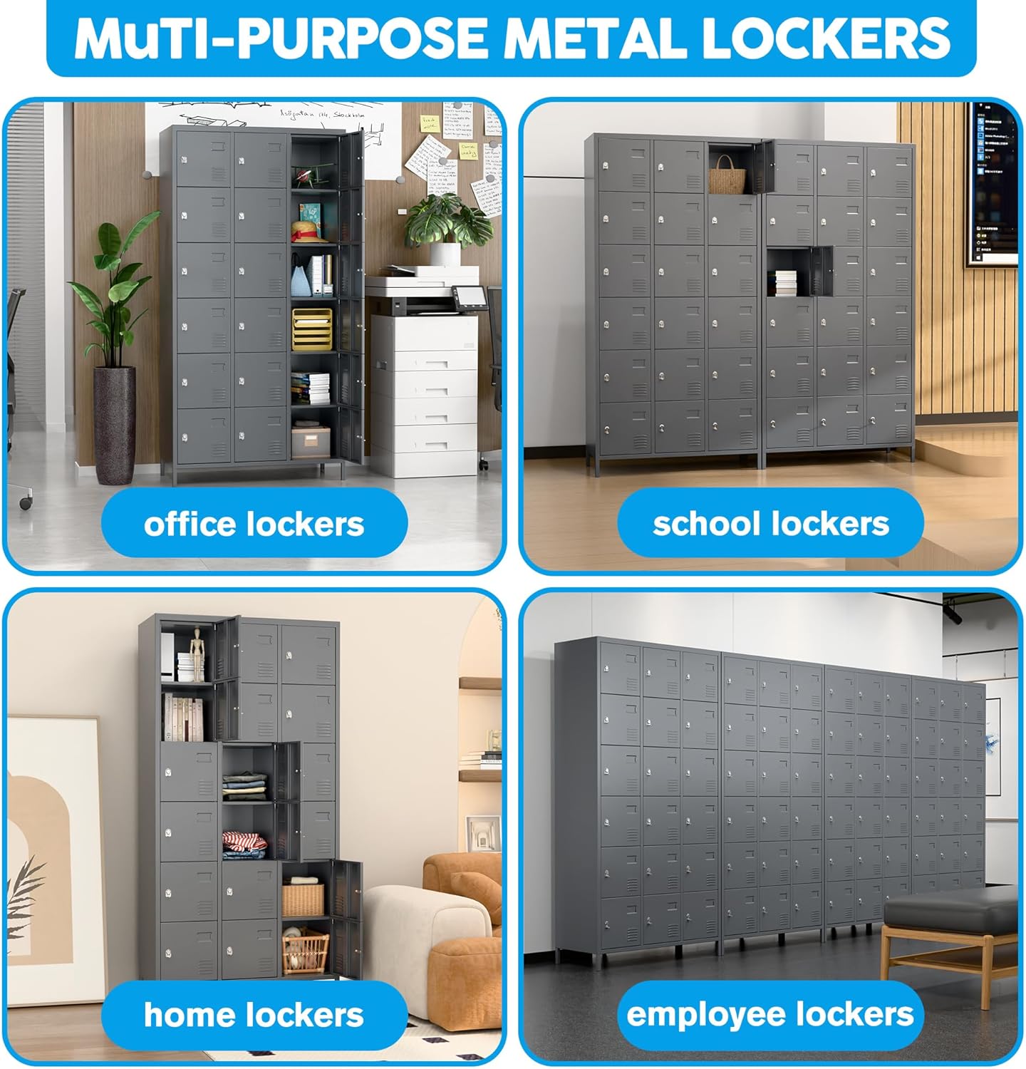 Metal Storage Locker with 18 Doors and Business Card Holder,Metal Lockers for Employees with Lock for School Garage Office Gym,Assembly Required,Dark Grey