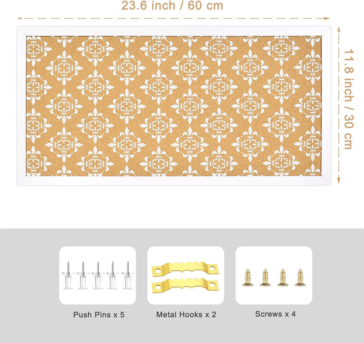 Decorative Cork Board for Walls, Bulletin Board with White Floral Print, White Framed Pin Board Vision Board for Office School Bedroom and Dorm Room with Pins, Screws(3060,1pc)