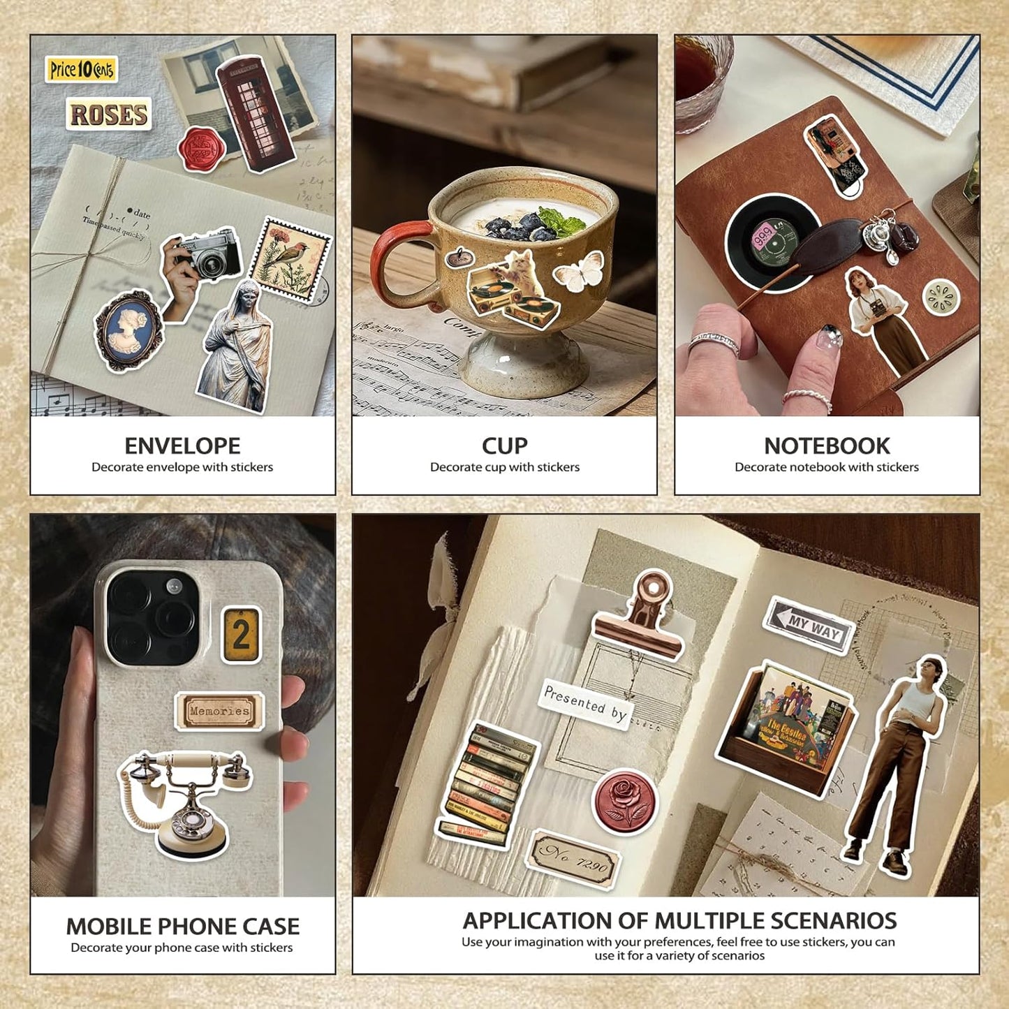 Vintage Sticker Book, 30 Sheets 308 Pcs Aesthetics Stickers for Journaling Scrapbooking Bullet Journals Planners Letter Card Making