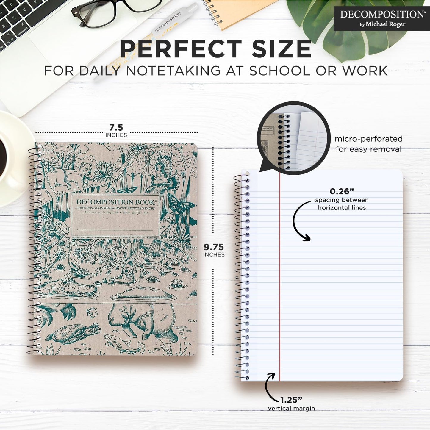 Decomposition Everglades College Ruled Spiral Notebook - 9.75 x 7.5 Journal with 160 Lined Pages - 100% Recycled Paper - Notebooks for School Supplies, Home & Office - Made in USA
