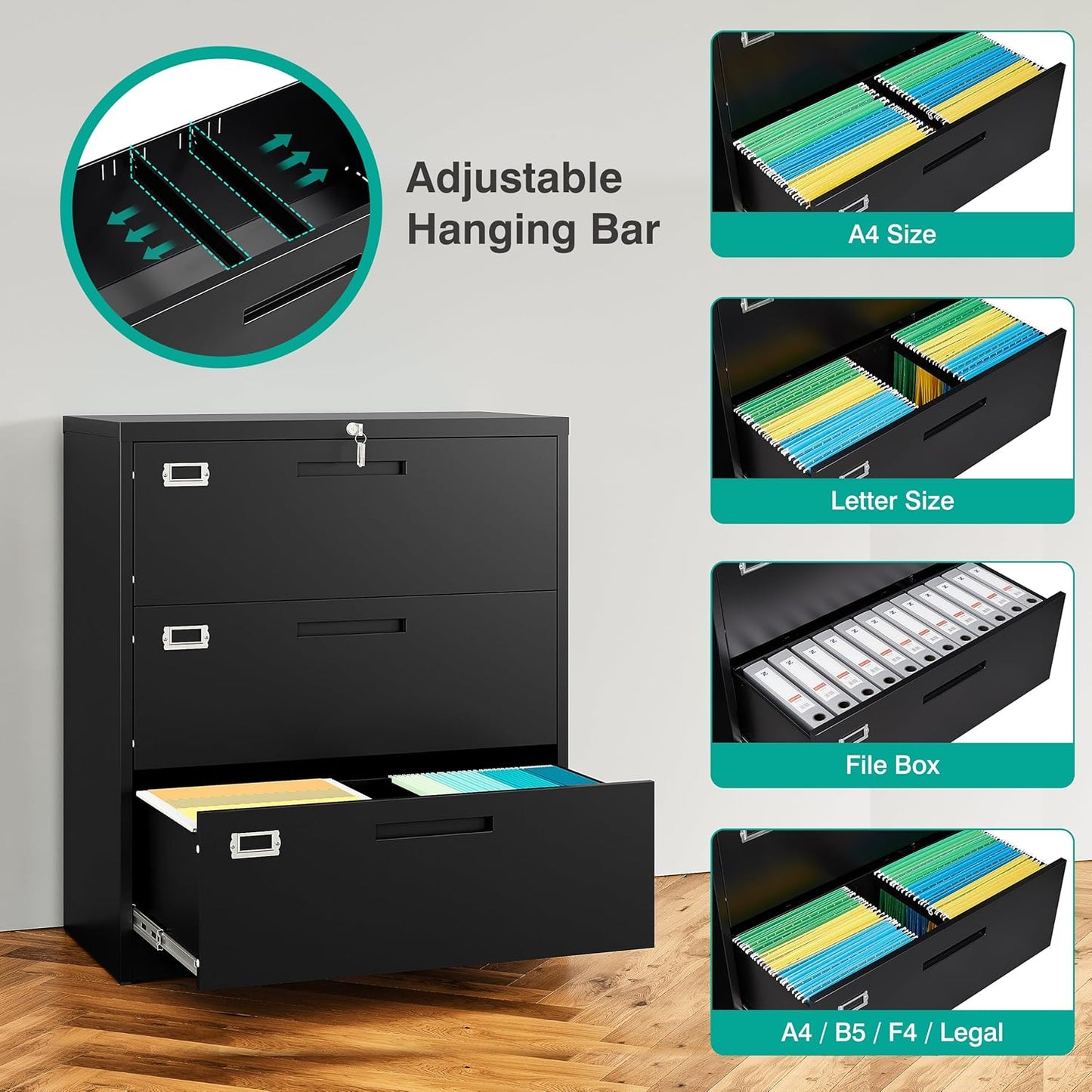 SISESOL 3 Drawer Lateral File Cabinet with Lock,Black Lateral Filing Cabinet,Horizontal Metal Filing Cabinet,Locked Wide Three Drawer File Cabinet for Office Home,Fit A4/F4/Letter/Legal File