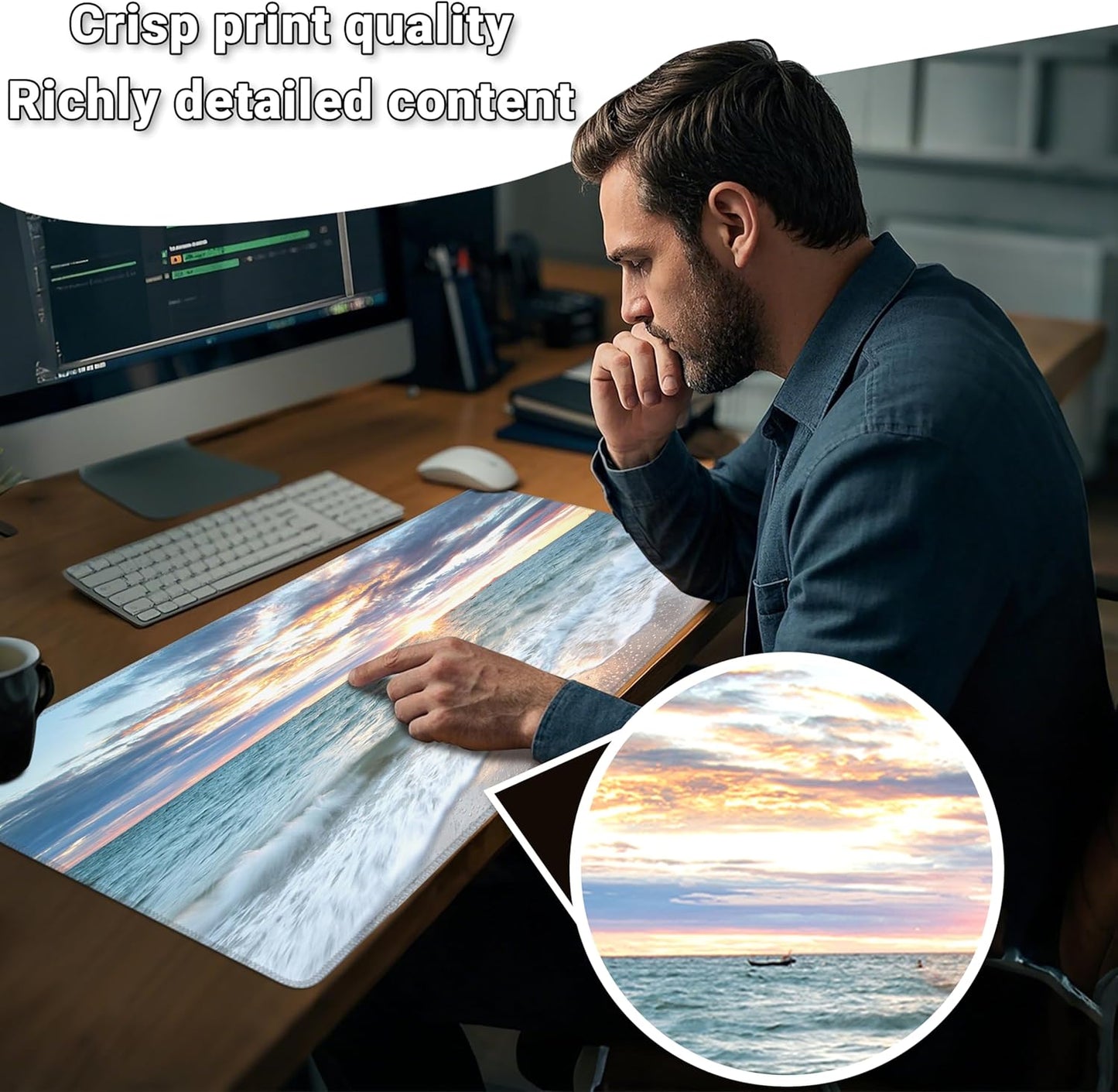 Mouse Pad with Sea View – Sunrise Scenery Desk Pad – Portable Computer Mousepad – Gaming, Office, Waterproof, Non-Slip, Stitched Edges 31.5 x 11.8inches x 3mm