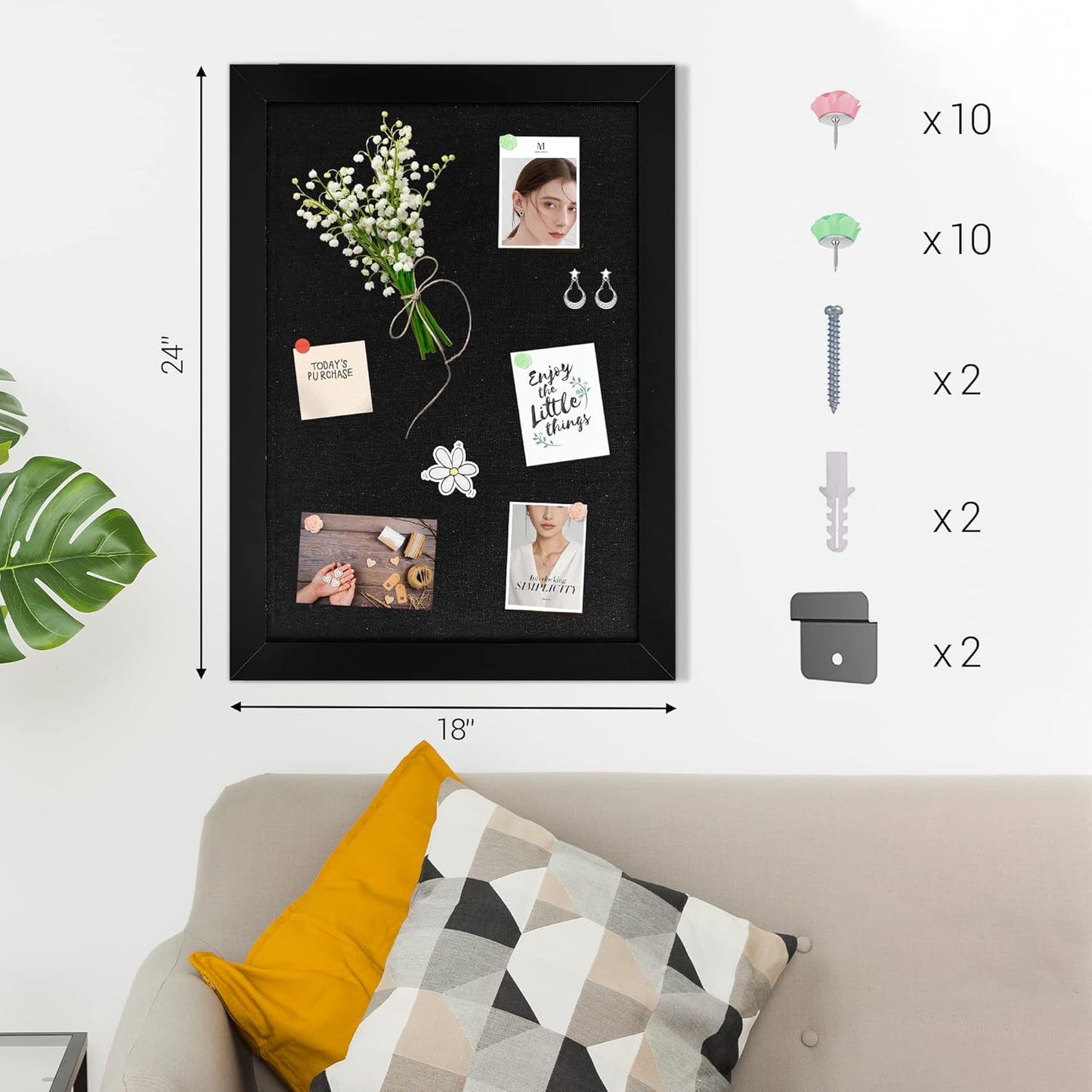 Board2by Black Cork Board Bulletin Board with Linen, Wood Framed 24" x 18" Corkboard, Office Board for Wall Decor, Wall Mounted Pin Board Picture Board with 20 Pushpins for School, Home & Office