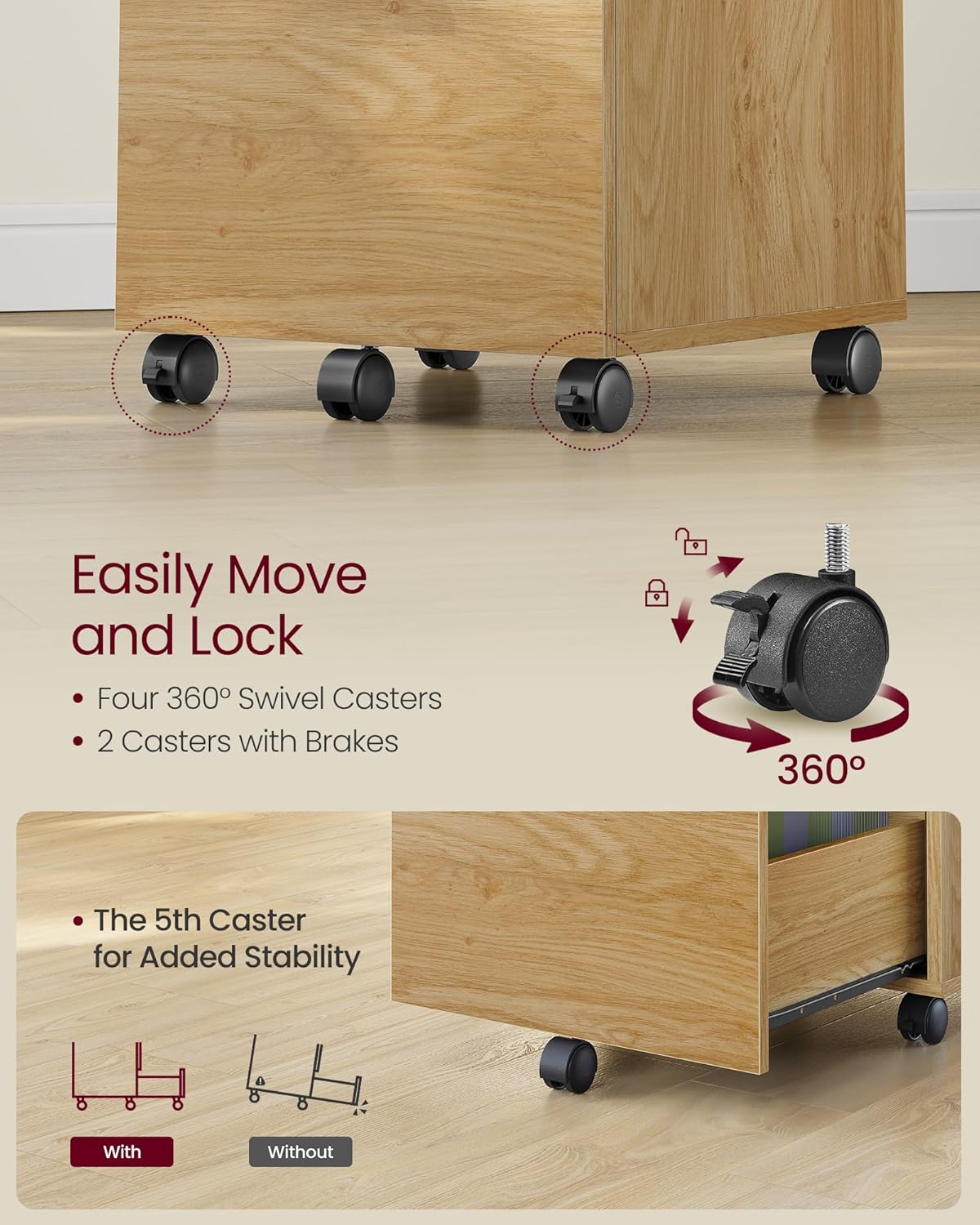 VASAGLE 2-Drawer File Cabinet, Small Rolling Filing Cabinet for Home Office, Printer Stand, for A4, Letter-Size Documents, 15.7 x 16.5 x 27.6 Inches, Straw Yellow UOFC040Y70