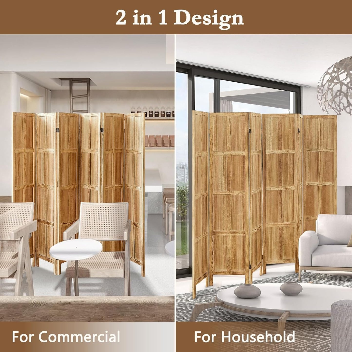 6 Panel Room Divider and Folding Privacy Screens, 5.6Ft Wood Room Dividers, Room Divider Wall Freestanding, Room Dividers Screen for Home Office Restaurant Bedroom, Light Brown