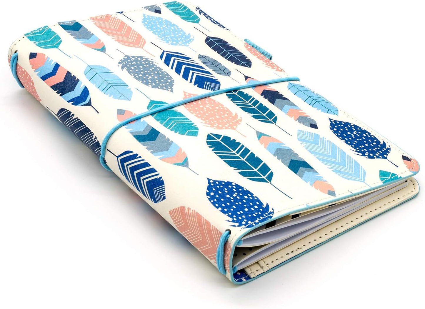 Pukka Pad, Carpe Diem Refillable Traveler’s Notebook Cover – Faux Leather Portfolio with Blank and Lined Notepads – Includes 6 Pockets, Pen Loop, and Elastic Closure – 8.5 x 5.5 Inches, Feathers