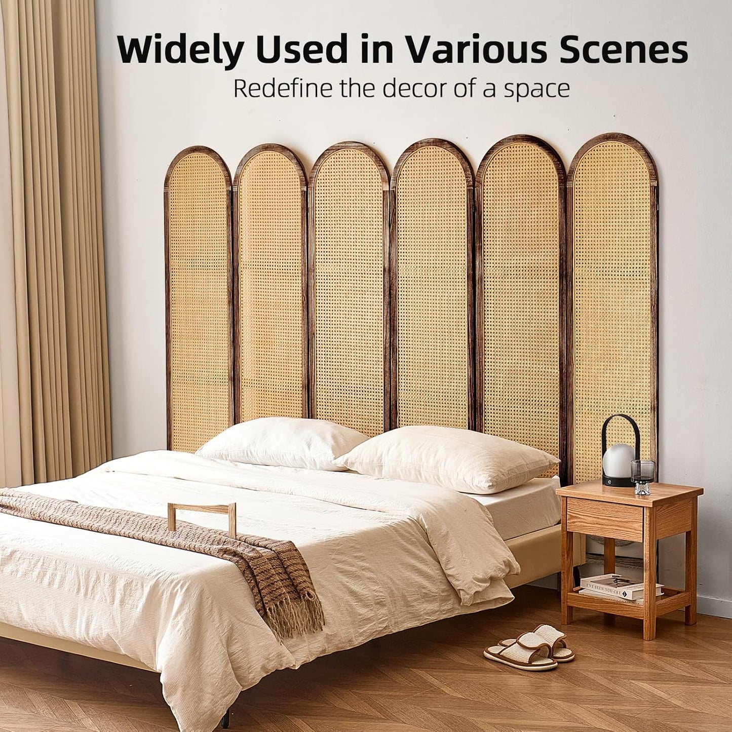 6 Panel Room Divider, Hand-Woven Rattan Room Divider Screen, Folding Privacy Screens with Double Hinges, Wooden Freestanding Wall Divider for Room Separation Bedroom Home Office - Brown