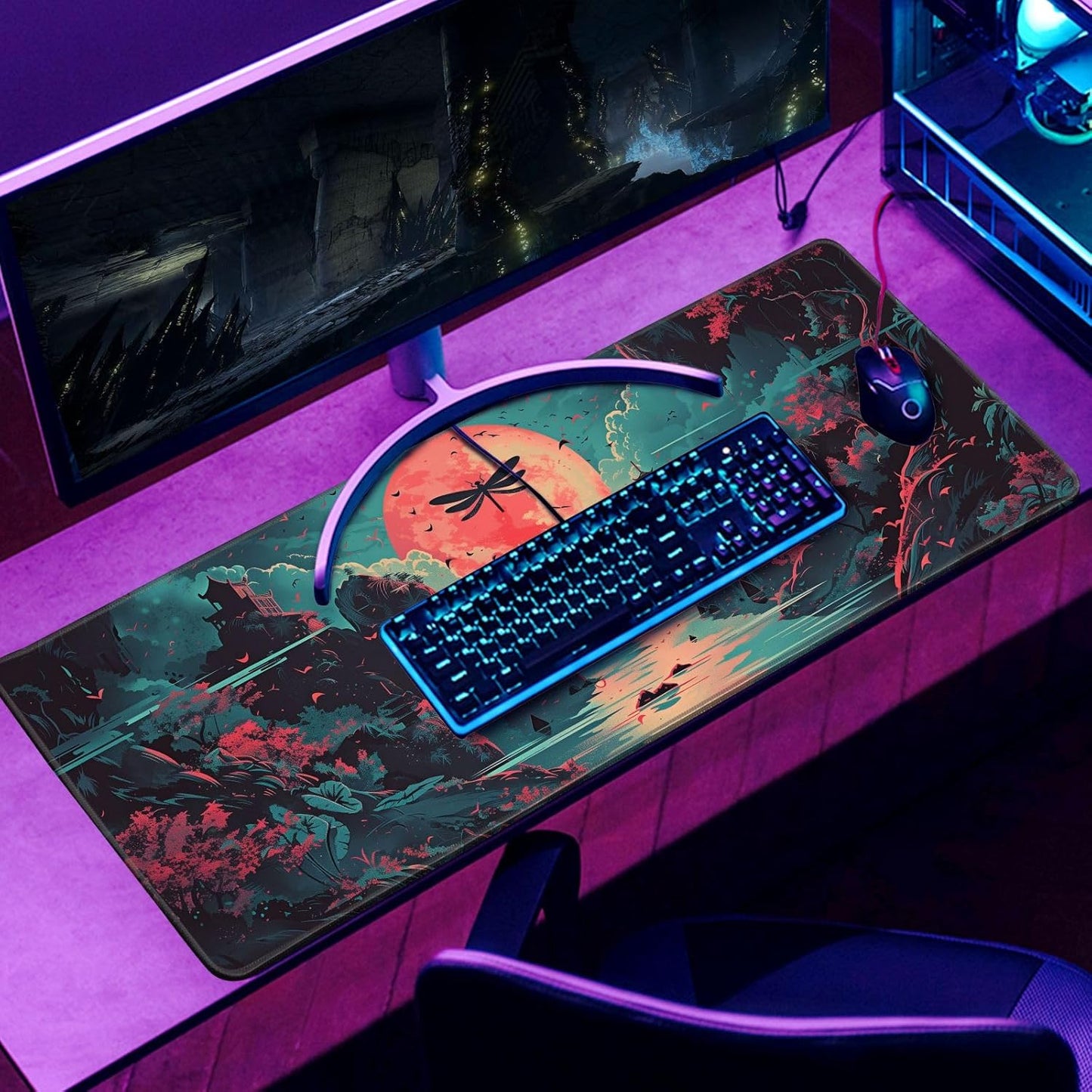 Japanese Desk Mat Riverside Full Moon Desk Pad Psychedelic Mlarge Mouse Pad Dragonfly Gaming Mousepad Extended XL Keyboard Pad 31.5 x 11.8 in Laptop Computer Mouse Keyboard Mat for Office Desk Decor
