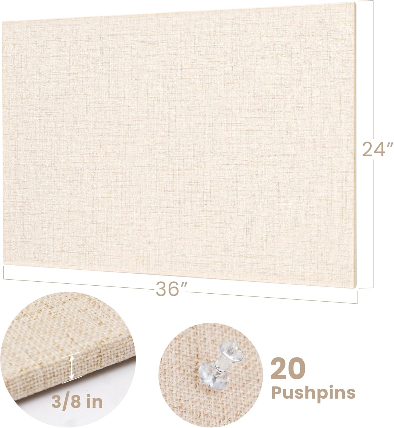 Bulletin Board 36 x 24 inches, 3' x 2' Linen Board for Wall, Decorative Fabric Pin Board with Safe Removable Adhesive Tapes for Home and Office, Includes 20 Push Pins-Light Yellow Stripes