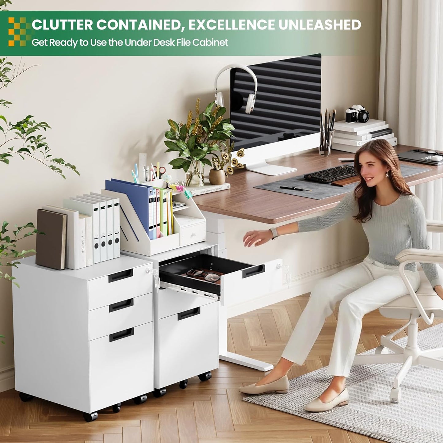 Mobile File Cabinet,3 Drawer Locking Storage Filing Cabinet,Office Metal Storage Cabinet on Wheels for Legal/Letter/A4 File(Fully Assembled,White)