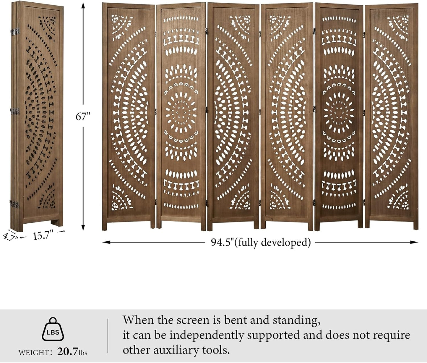 66.9Inch Folding Room Divider, 6 Panels Wood Carved Privacy Screens Free Assembled Freestanding Partition for Bedroom Home Office (Brown)