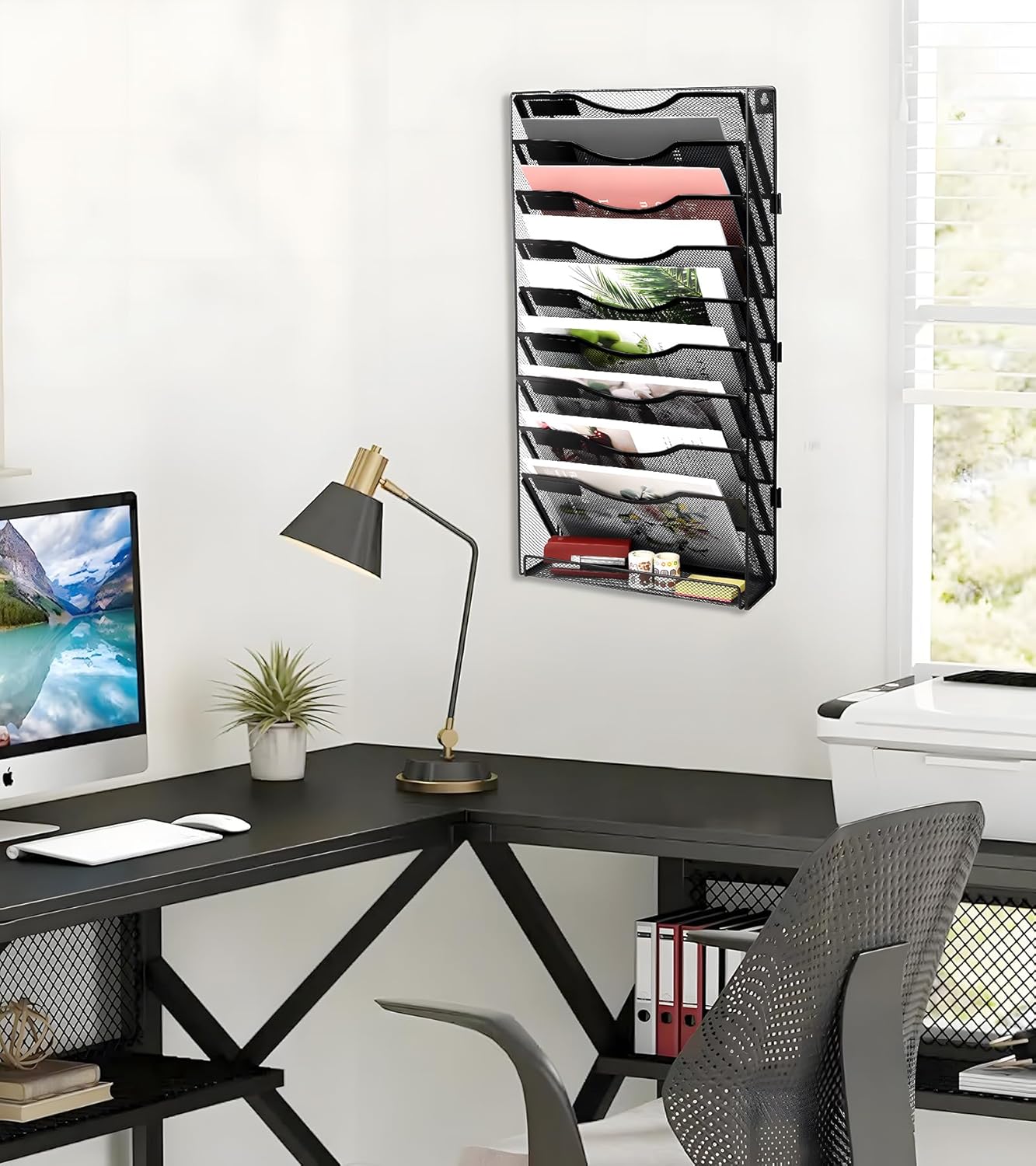 EasyPAG 10 Tier Wall File Holder with Flat Tray, Black | Easy Assemble Mesh Desk File Organizer | 9-Folder Paper Storage | Replaceable Classify Labels | Space Saving Mail Organizer for Office Home