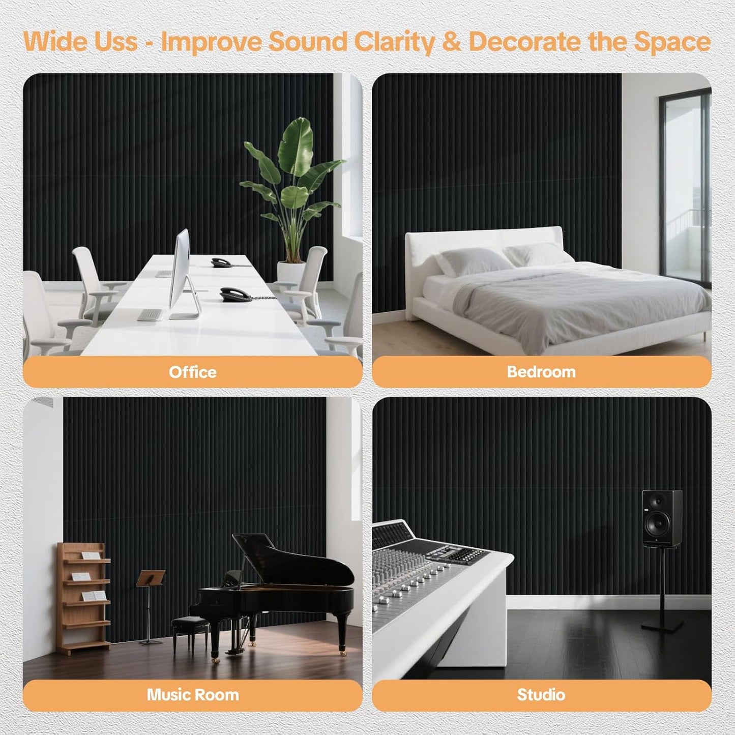 6 Pack Acoustic Panels 3D Wave Sound Proof Foam for Walls, 47.2"x11.8" Self-Adhesive Sound Absorbing Panels for Noise Reduction in Home Office & Studio, Decorative Wall Tiles (Black)