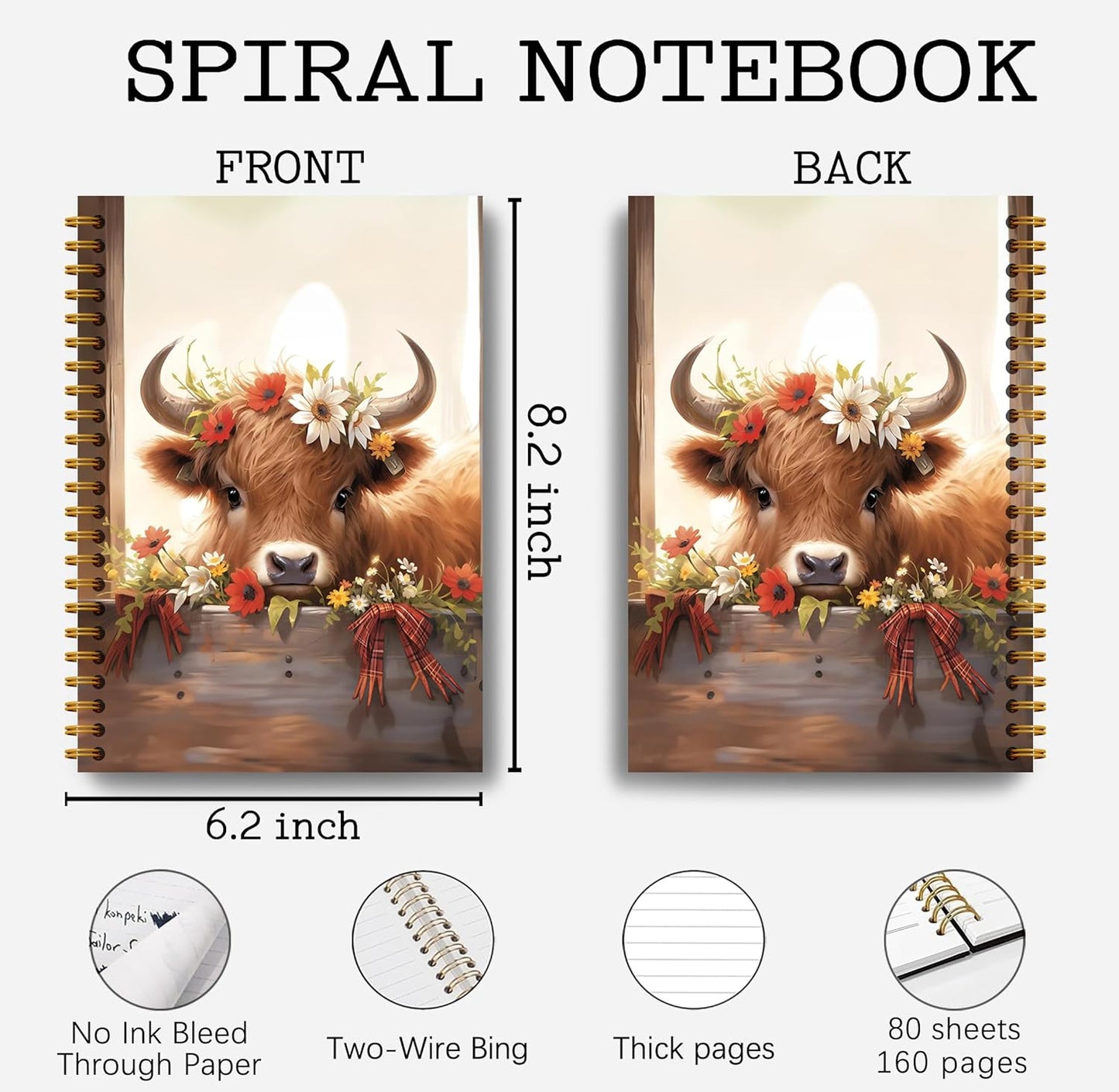 Floral Highland Cow Notebook - Western Cow Notebook, Highland Cow Office Supplies, Highland Cow Gifts, Cow Lover Gifts, Cute Cow Stuff, Farmhouse Highland Cow Spiral Notebook 5.5x8.3