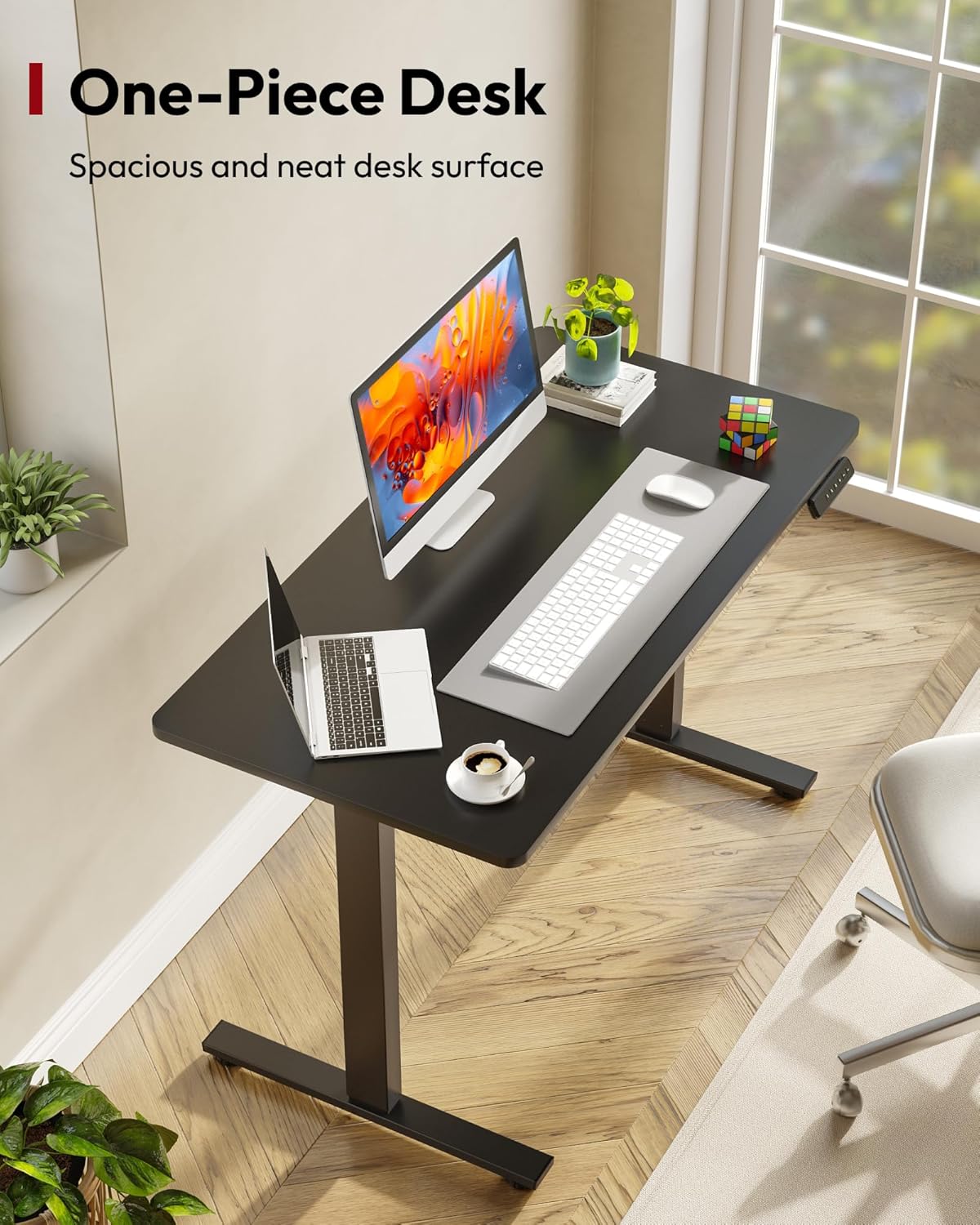SANODESK Electric Standing Desk 48 x 24 Inches Whole-Piece Desktop Height Adjustable Stand Up Desk w/6-Button Controller Ergonomic Computer Desk for Home Office, Black Frame + Black Tabletop
