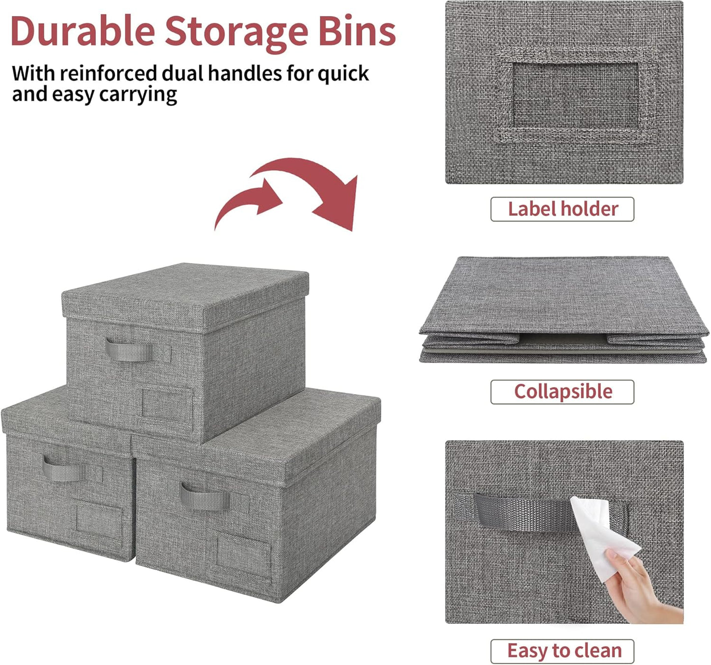 GRANNY SAYS Fabric Bins with Lids, Storage Baskets for Closet Organization, Decorative Storage Containers with Label Holder, Shelf Bins for Organizing Clothes, Dark Gray, 3-Pack