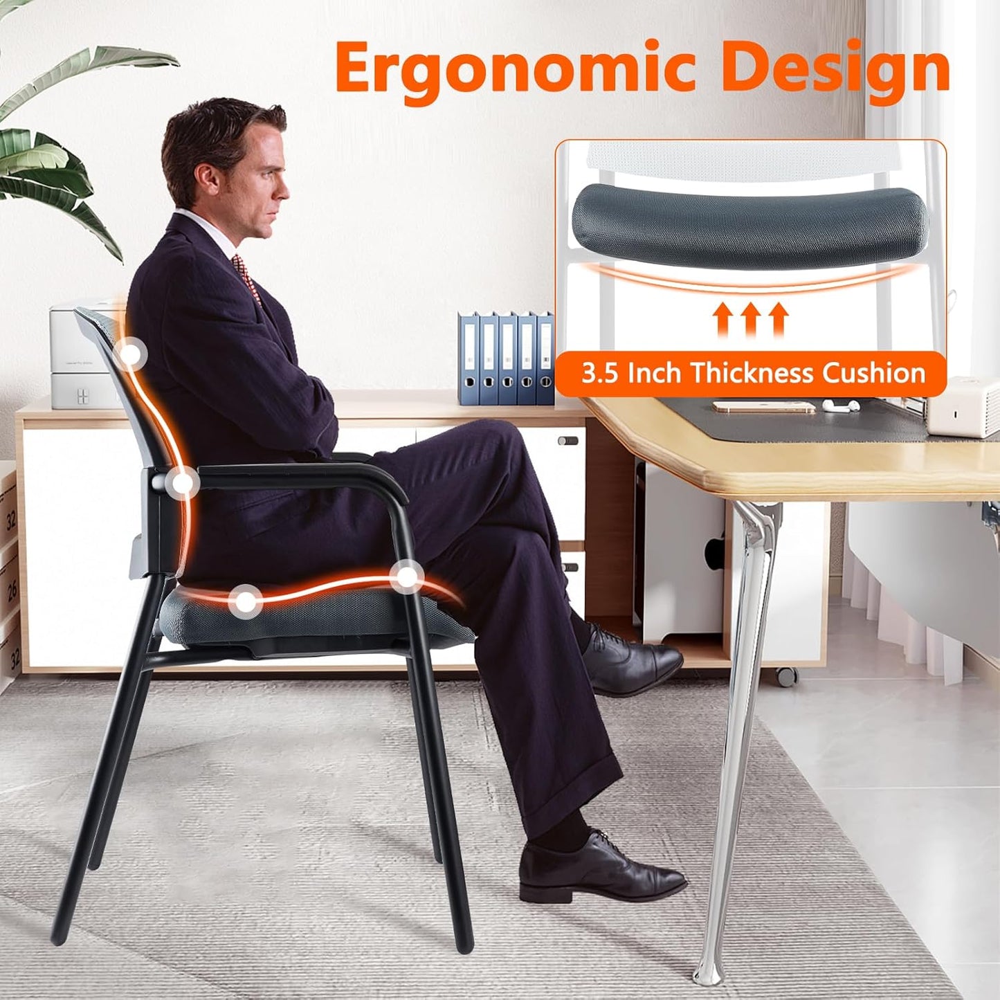 CLATINA Office Reception Guest Chair Mesh Back Stacking with Ergonomic Lumbar Support and Thickened Seat Cushion for Waiting Conference Room Gray 4 Pack