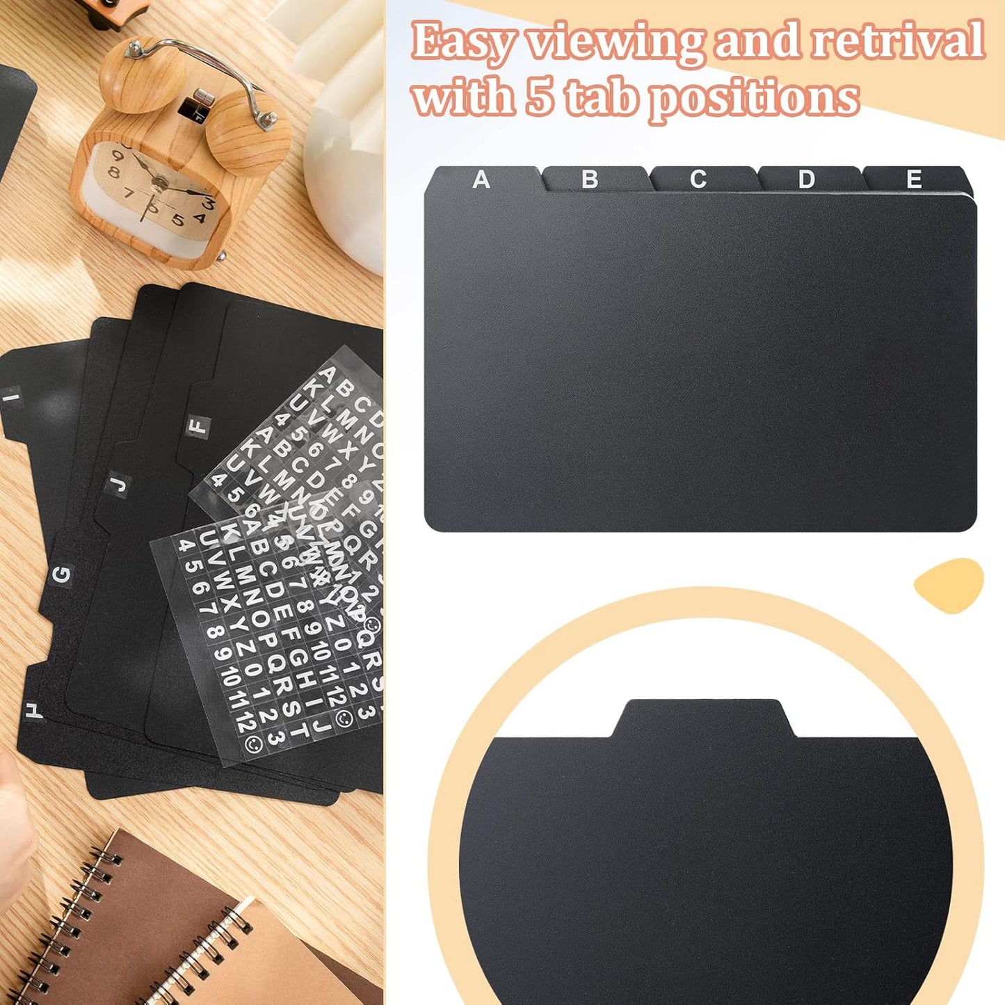 Lewtemi 50 Pcs Index Card Dividers 5 x 8 Inch Index Card Dividers with Tabs Guides with 2 Pcs Alphabet Number Stickers for Office Recipe Business (Black)