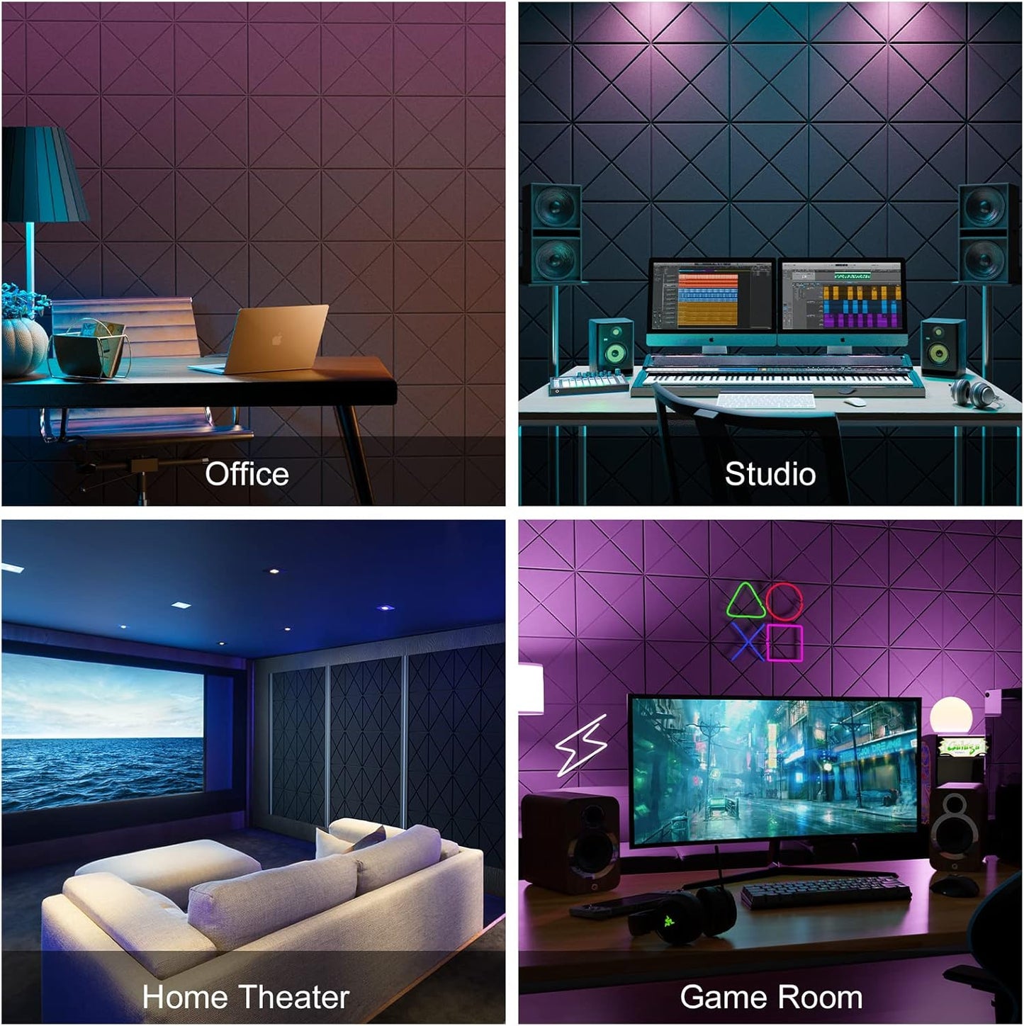 Sonicism 12 Pack X-Lined Acoustic Panels with Self-Adhesive, 12"X 12"X 0.4" Sound Proof Foam Panels, Decorative Soundproof Wall Panels, Sound Absorbing Tile for Home & Offices, Black