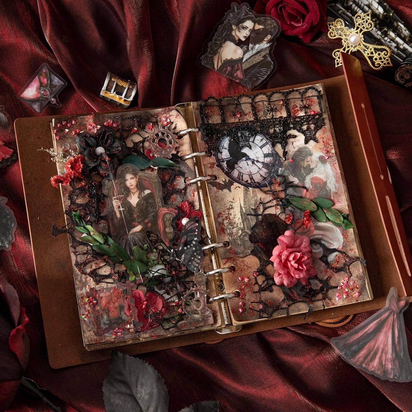 Dark Gothic Ballroom PET Sticker Set, 100PCS Vintage Dance Ephemera for Scrapbooking, Journaling, DIY Crafts, and Planner Supplies