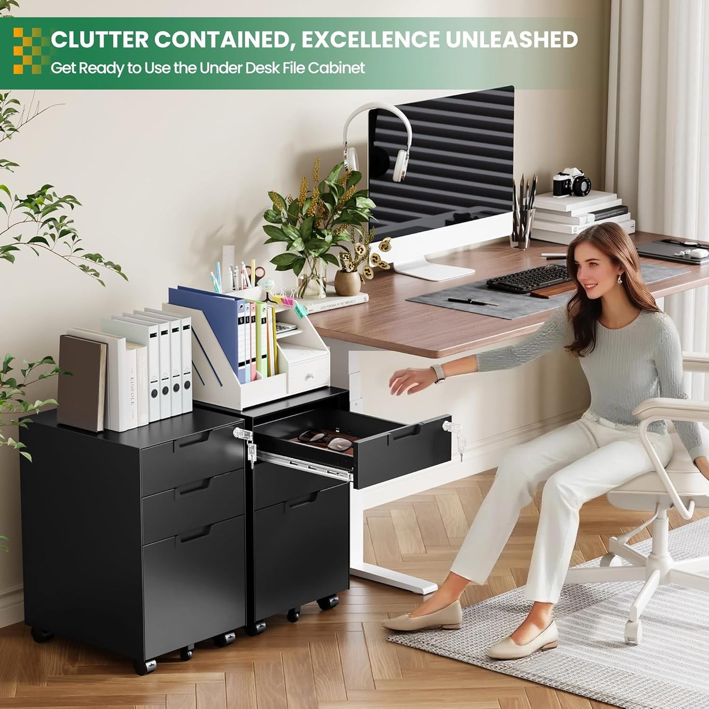 Mobile File Cabinet,3 Drawer Locking Storage Filing Cabinet,Office Metal Storage Cabinet on Wheels for Legal/Letter/A4 File(Fully Assembled,Black)