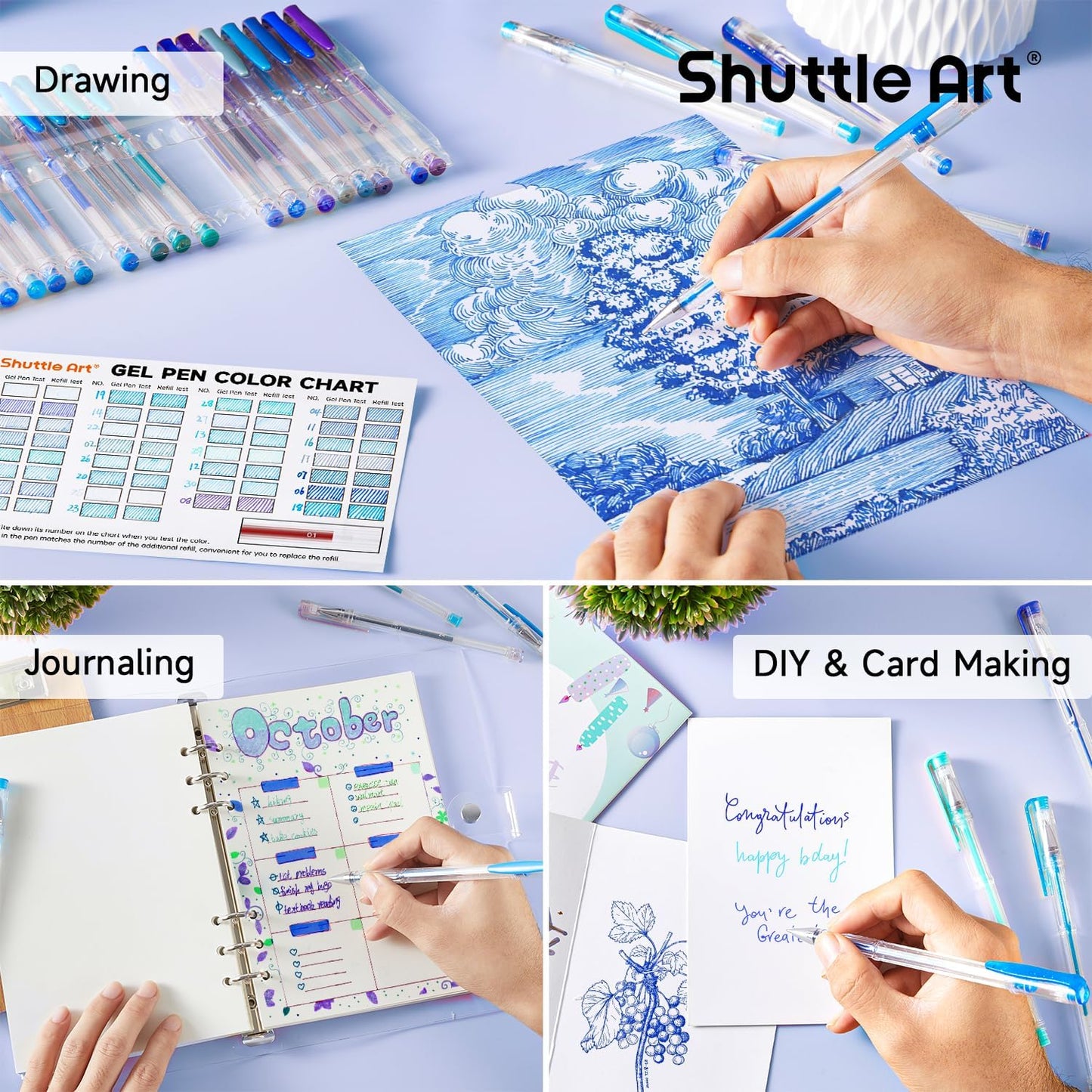 Shuttle Art 60 Pack Blue Tone Gel Pens, 30 Blue Tone Gel Pens with 30 Refills for Adults Coloring Books Journaling Drawing Nature, Landscapes, Animals Scenes