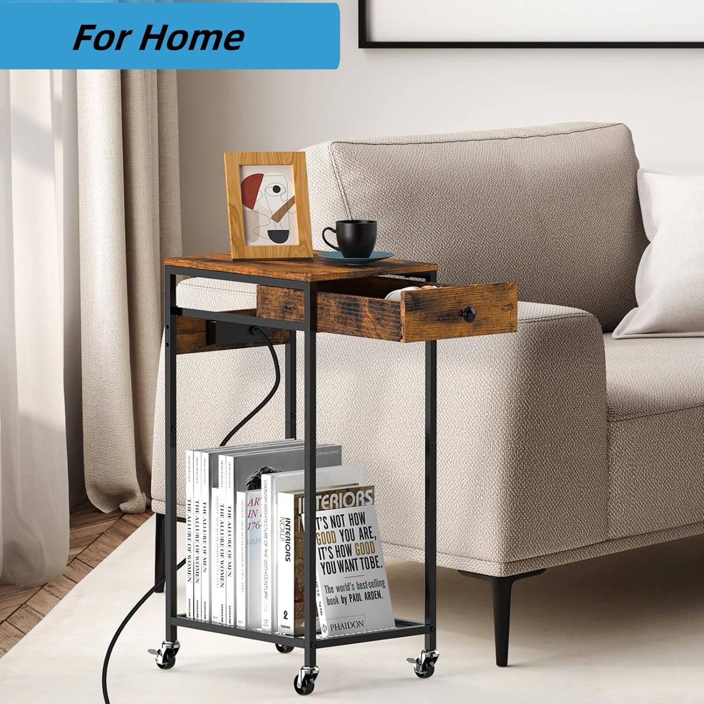 2 Tier Computer Tower Stand, Adjustable Printer Stand with Charge Station and USB Charging Port, PC Tower Stand CPU Holder Cart with Wheels for Home Office Fax, Brown