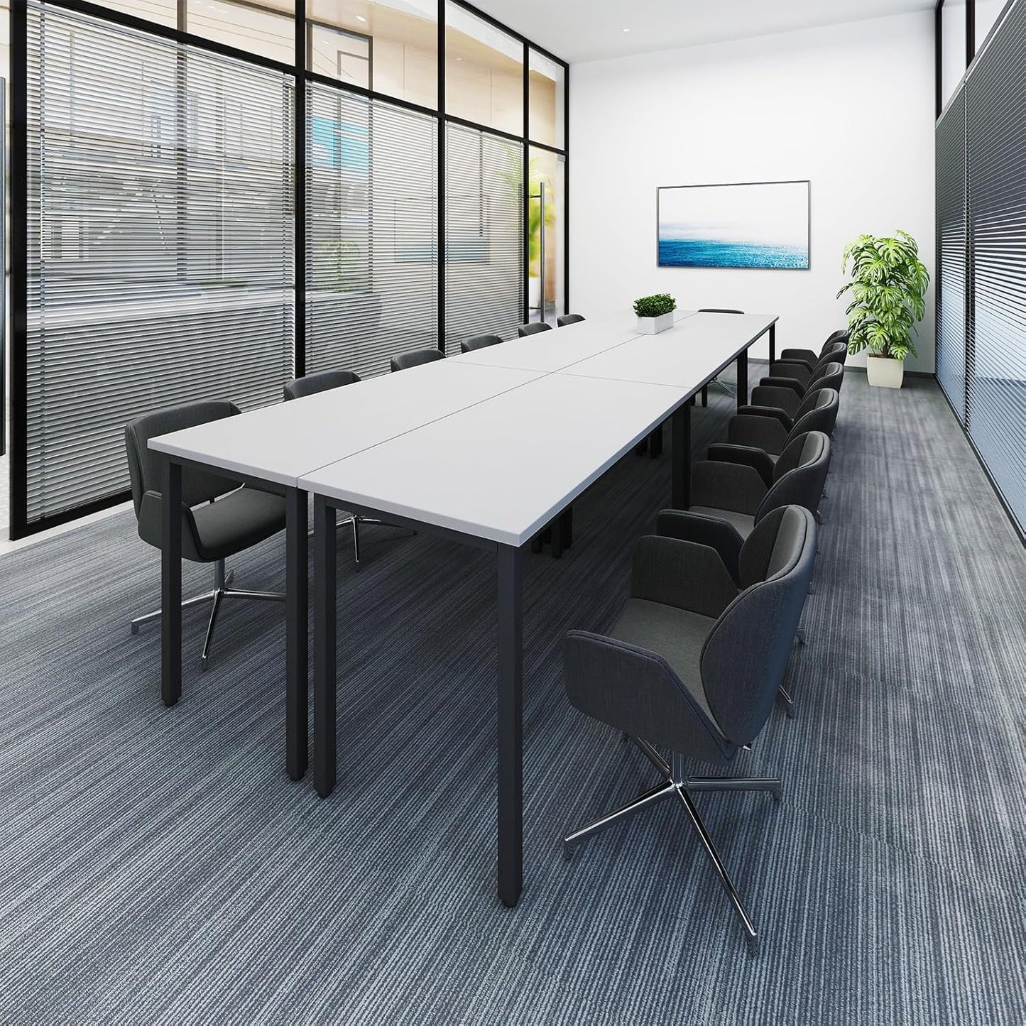 Bonzy Home Conference Tables 14ft Office Computer Desk for Meeting Room Study Writing Printer Table Office Computer Desk for 16 People Rustic Modern White 6PCS (165.3"x47.2"x29.5")