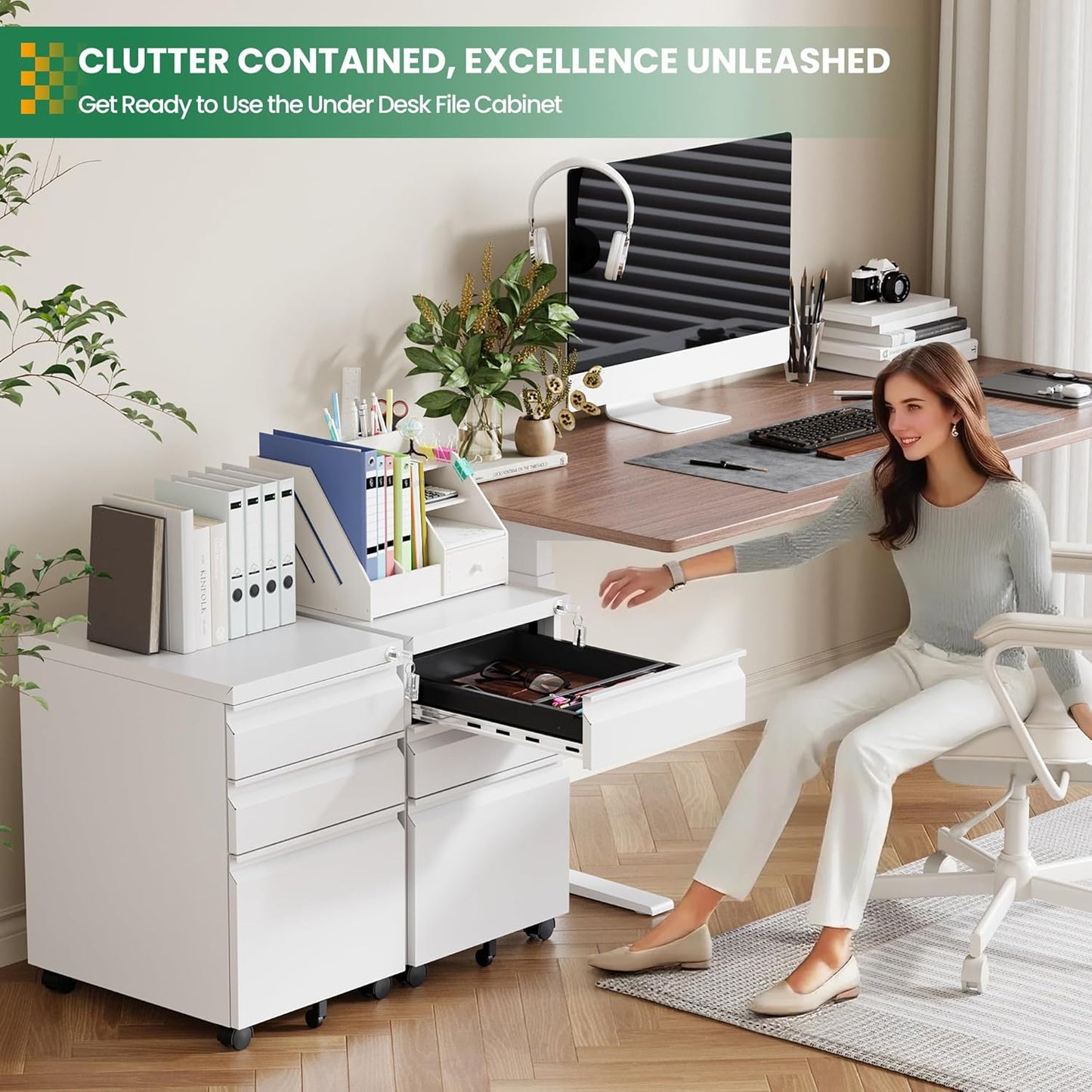 3 Drawer Mobile File Cabinet with Lock,Under Desk Filing Cabinet for Home Office, Metal Filing Cabinets on Wheels for Legal/Letter/A4 File, Fully Assembled Except Wheels, White