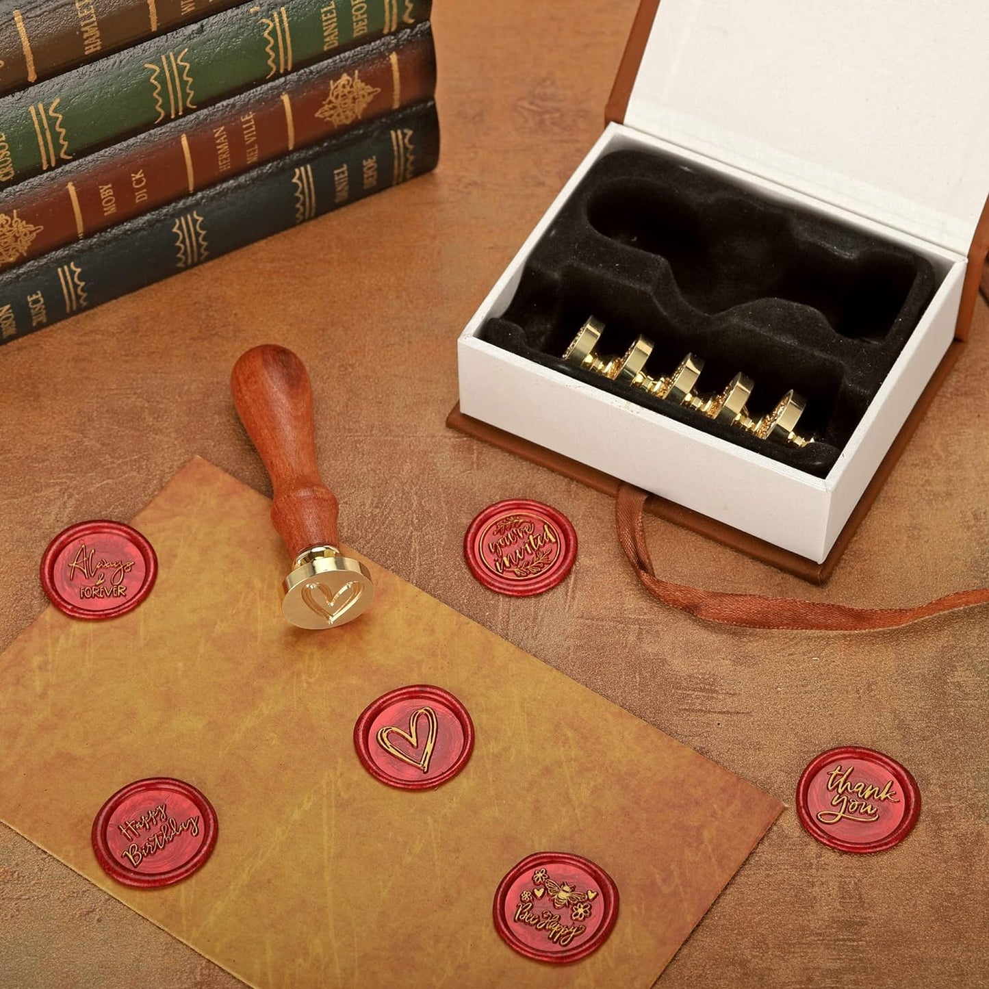Yoption Wax Seal Stamp Gift Box Kit, 6 Pieces Blessing Sealing Wax Stamp Heads with 1 Wooden Hilt Set, Wax Stamp Kit for Envelopes Invitation Card Gift Decoration (Phrases Series)