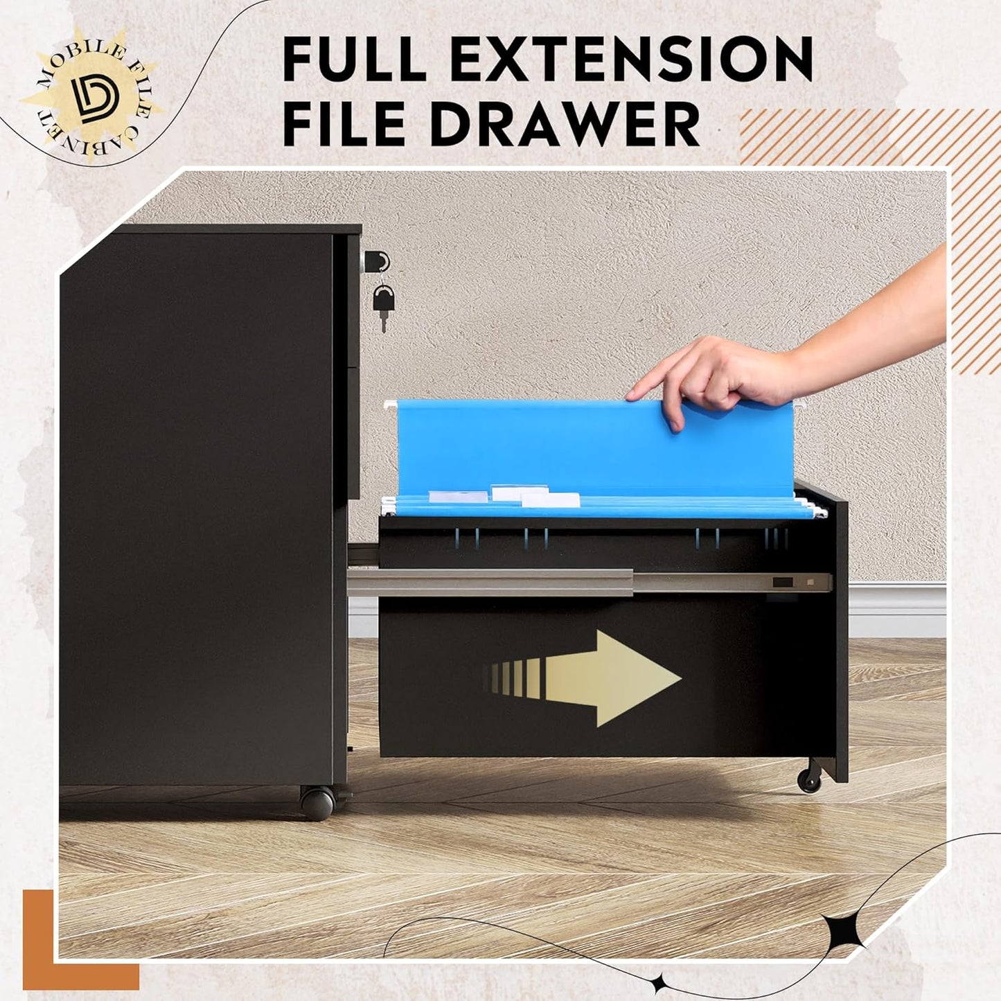 DEVAISE Locking File Cabinet, 3 Drawer Rolling Pedestal Under Desk Office, Fully Assembled Except Casters, Black