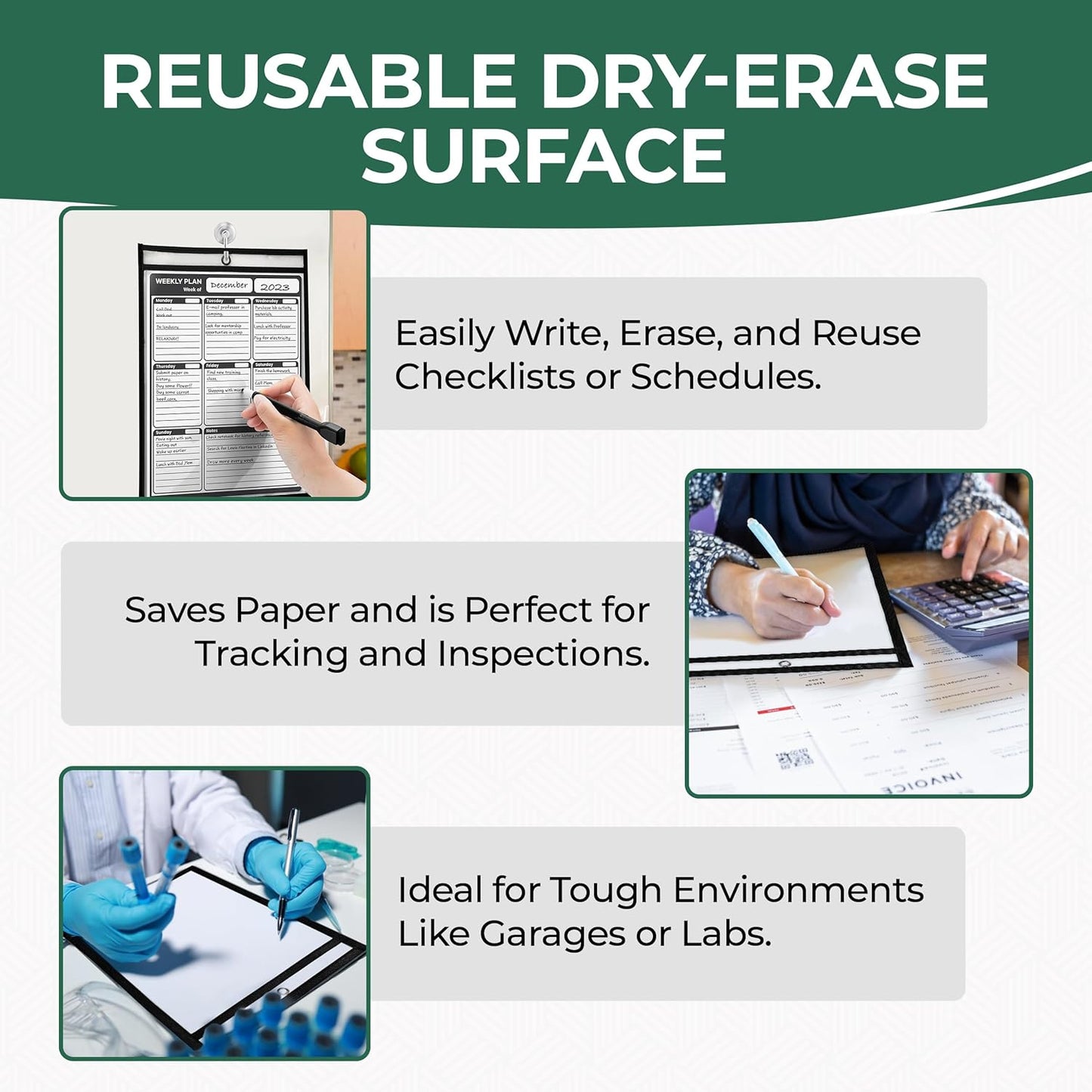 Job Ticket Holders 10x14 - (30 Pack) 8.5x11 Letter Size | Reusable Dry Erase Pockets Black with Metal Rings & Hooks | Durable Clear Shop Sleeves for Work Order | Perfect for Classrooms
