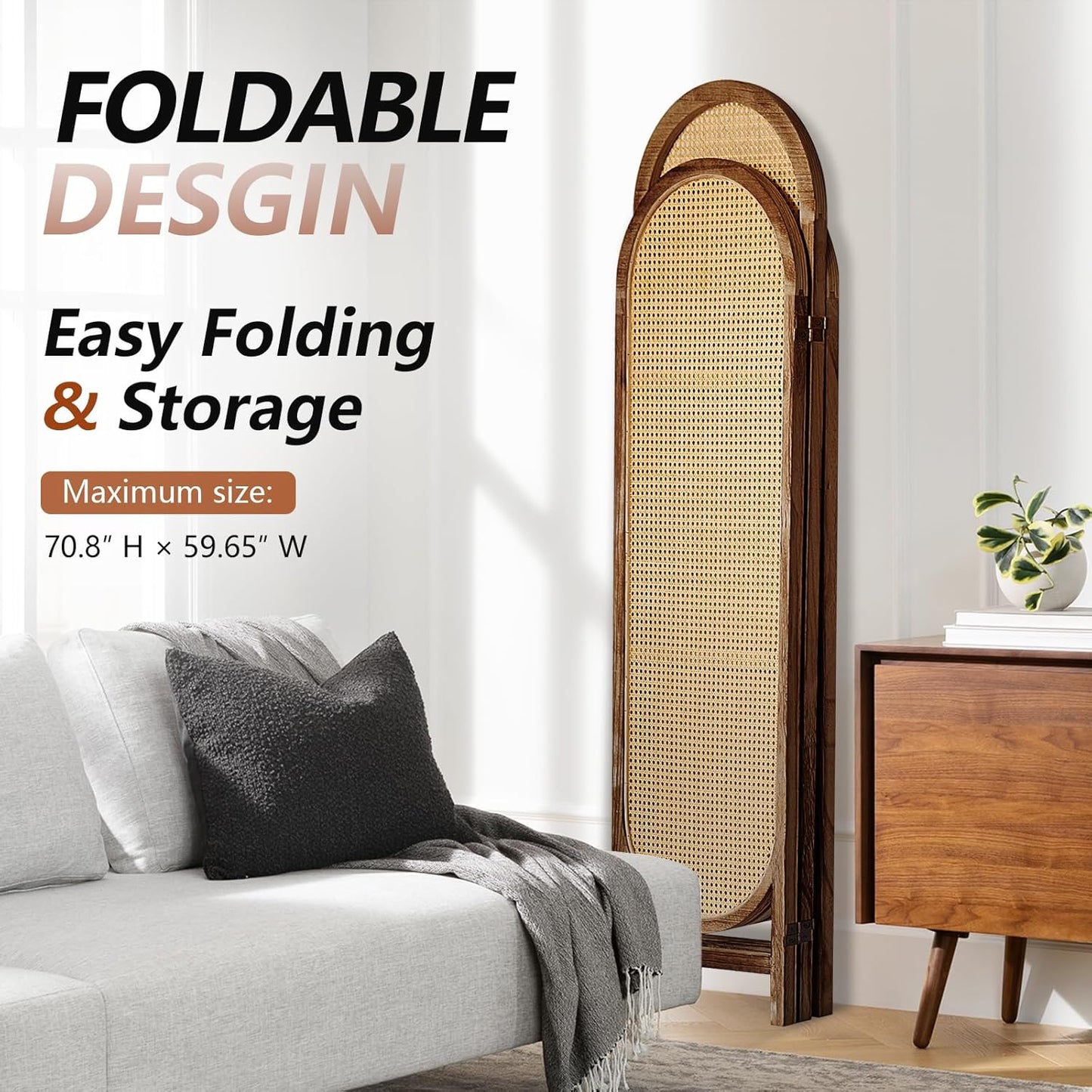 5.9 Ft Tall Hand-Woven Rattan Room Divider 3 Panels, Wood Room Divider Panel, Folding Screen Divider Wall, Wall Divider for Room Separation, Folding Privacy Screen, Home Office - Brown