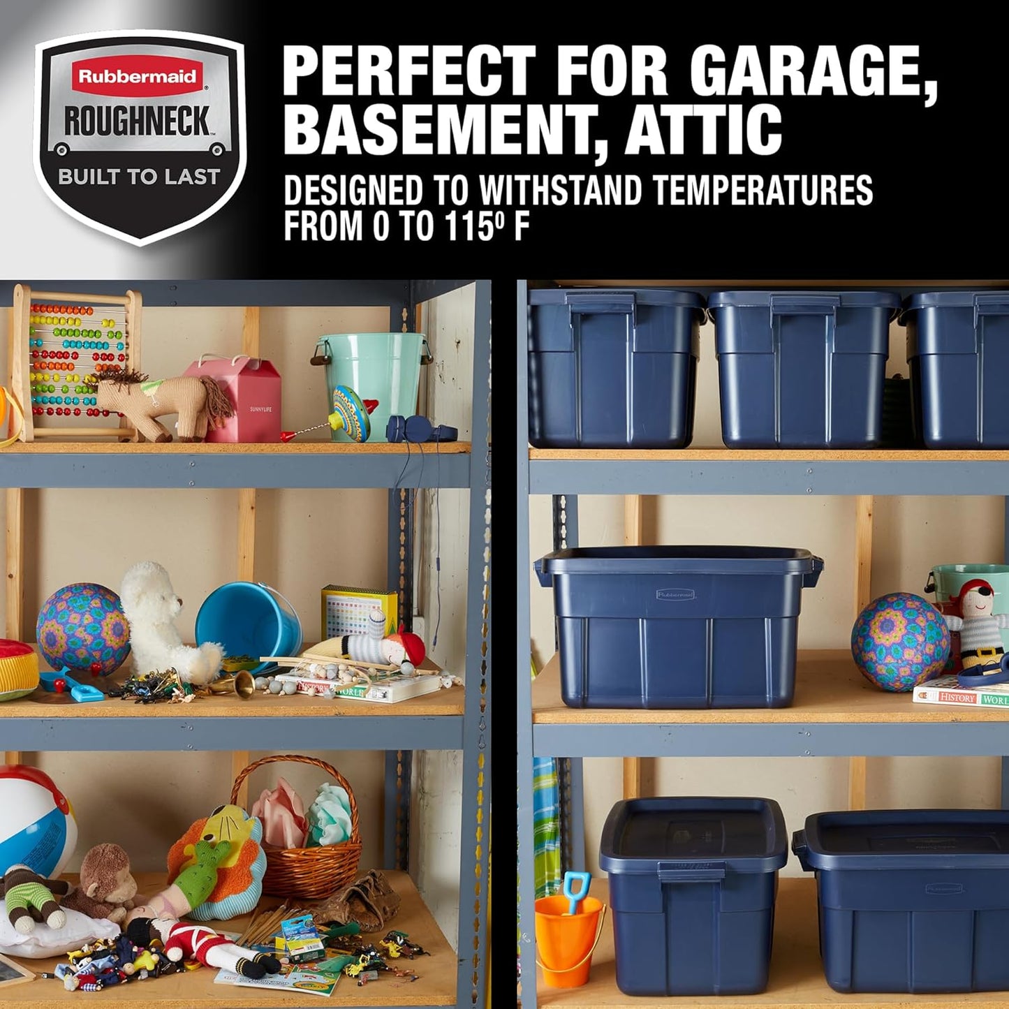 Rubbermaid Roughneck Tote 14 Gal, 6 Pack, Made in USA, Dark Indigo Metallic, Rugged Plastic Stackable Storage Bins with Lids and Handles