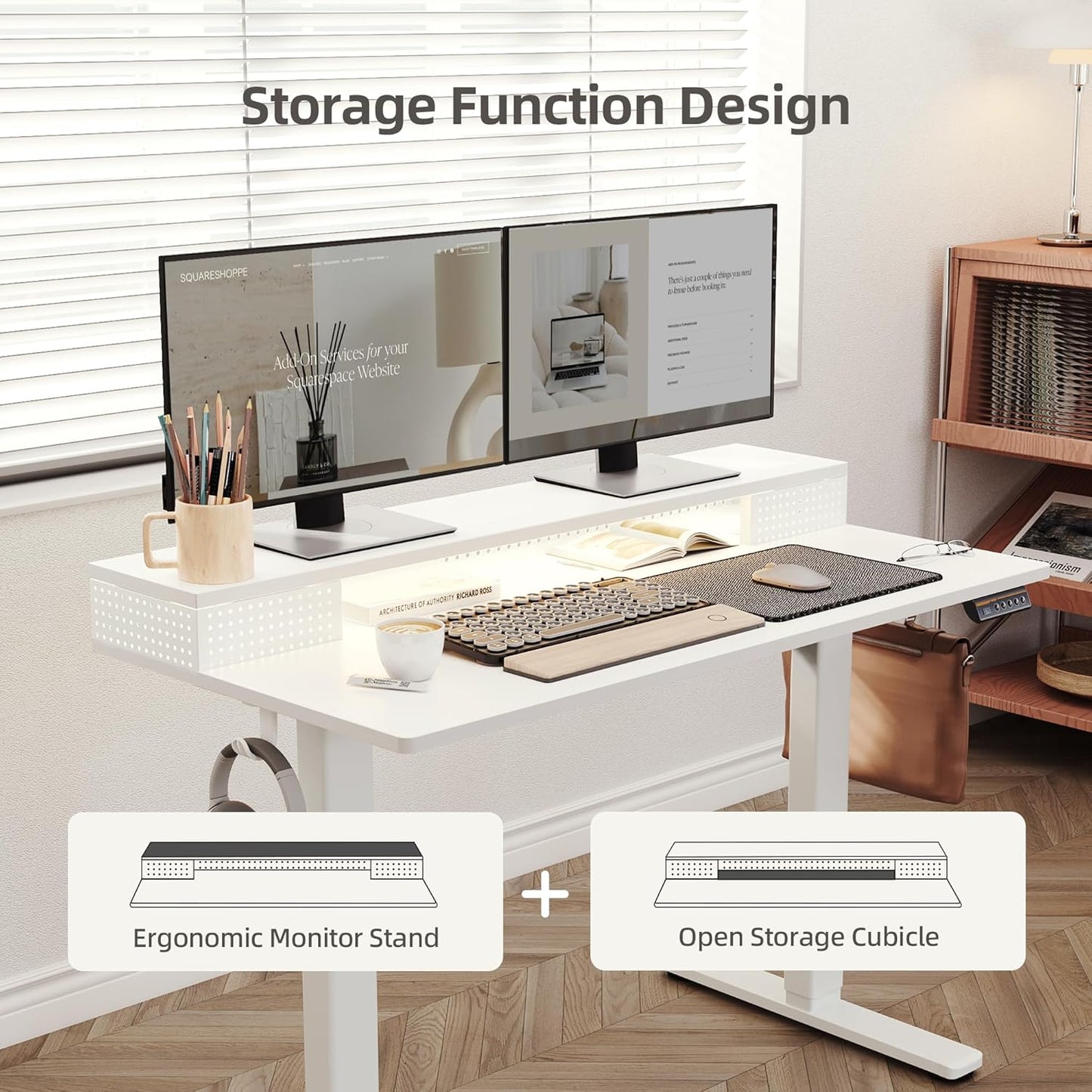 Claiks Electric Standing Desk with Shelf, 55 Inch Height Adjustable Standing Desk with LED Lights & Monitor Stand, White Frame/White Top