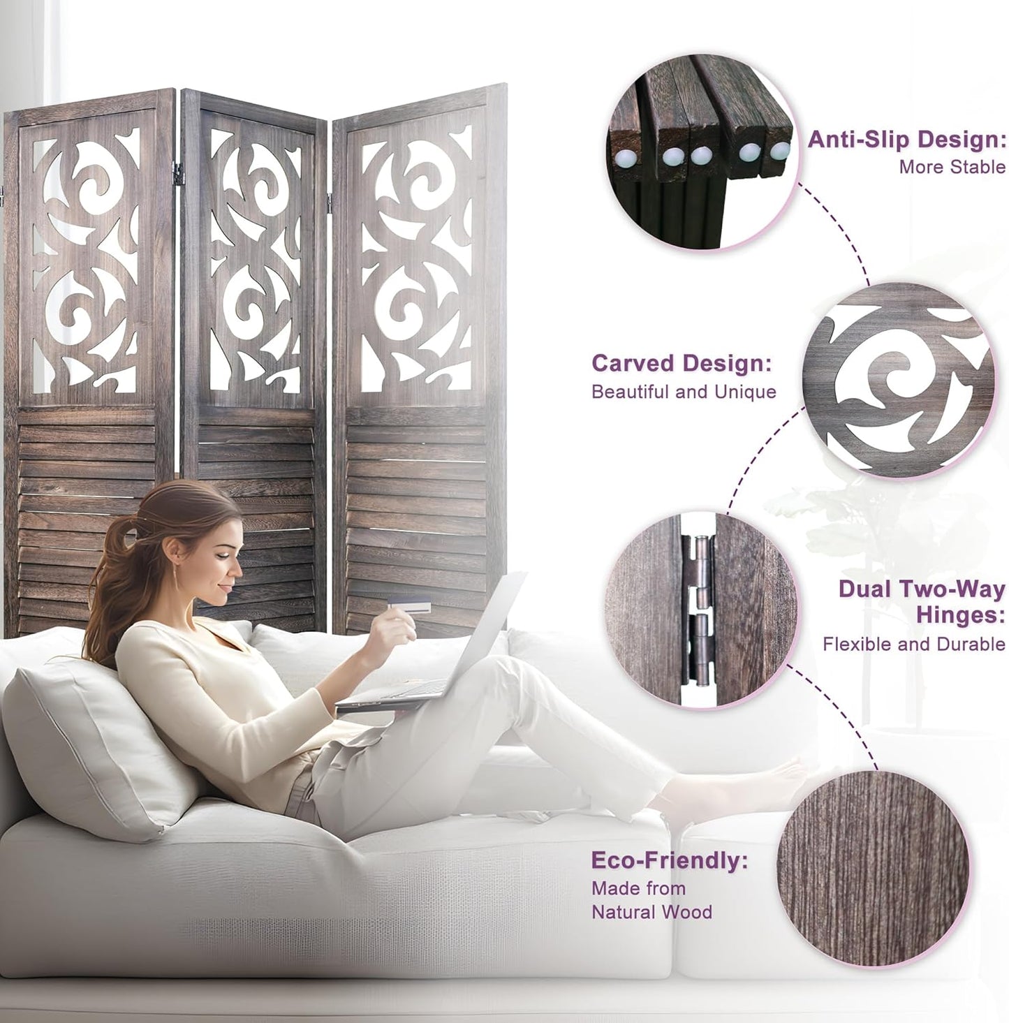 Room Divider, 5.6FT Folding Room Divider Panel, 6 Panel Craved Wood Partition Wall Divider for Room Separation, Rustic Brown